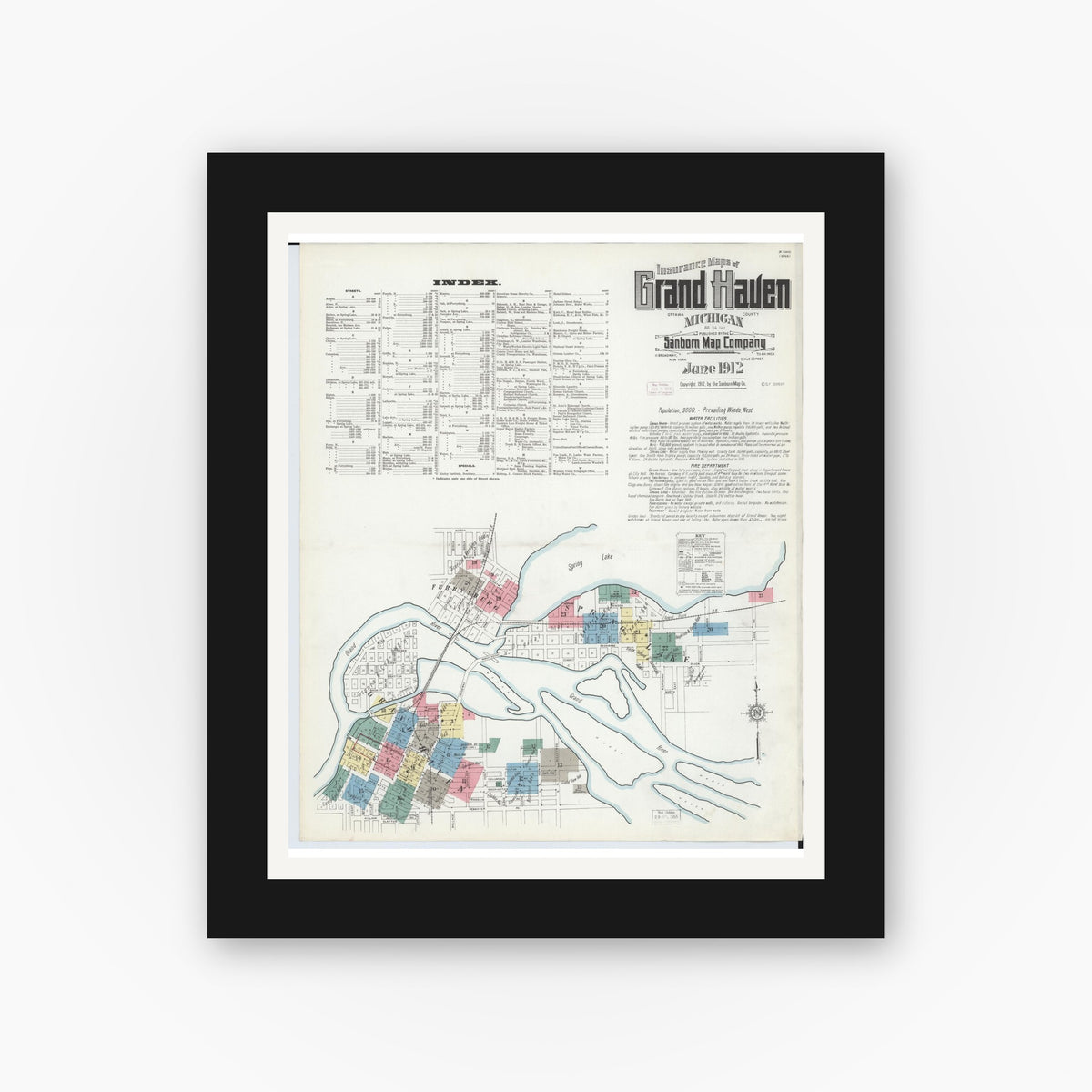Old map wall art mockup — black gallery frame with white mat — Sanborn Fire Insurance Map from Grand Haven, Ottawa County, Michigan (1912) - Complete Map Set