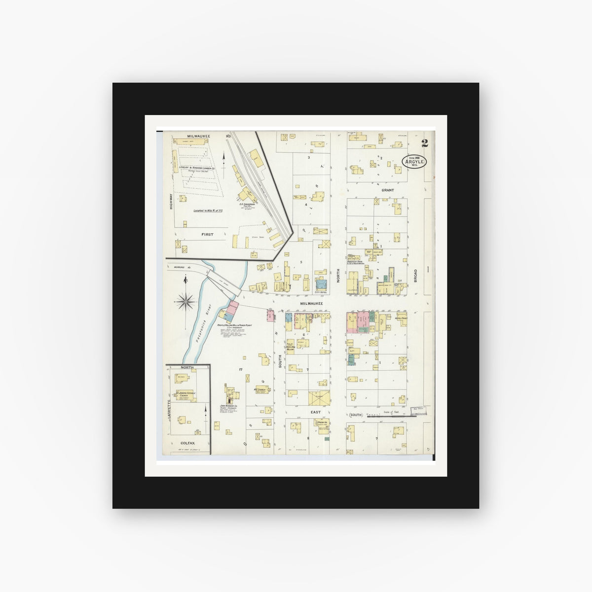 Old map wall art mockup — black gallery frame with white mat — Sanborn Fire Insurance Map from Argyle, Lafayette County, Wisconsin (1908), Sheet #0002