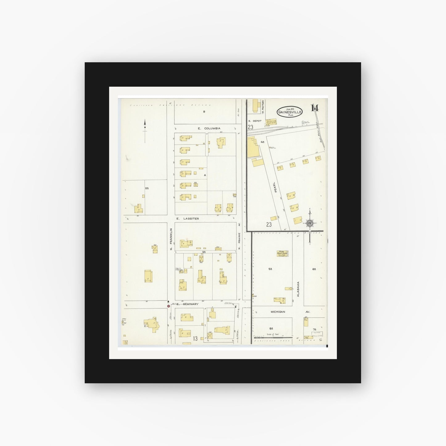 Old map wall art mockup — black gallery frame with white mat — Sanborn Fire Insurance Map from Gainesville, Alachua County, Florida (1913), Sheet #0014
