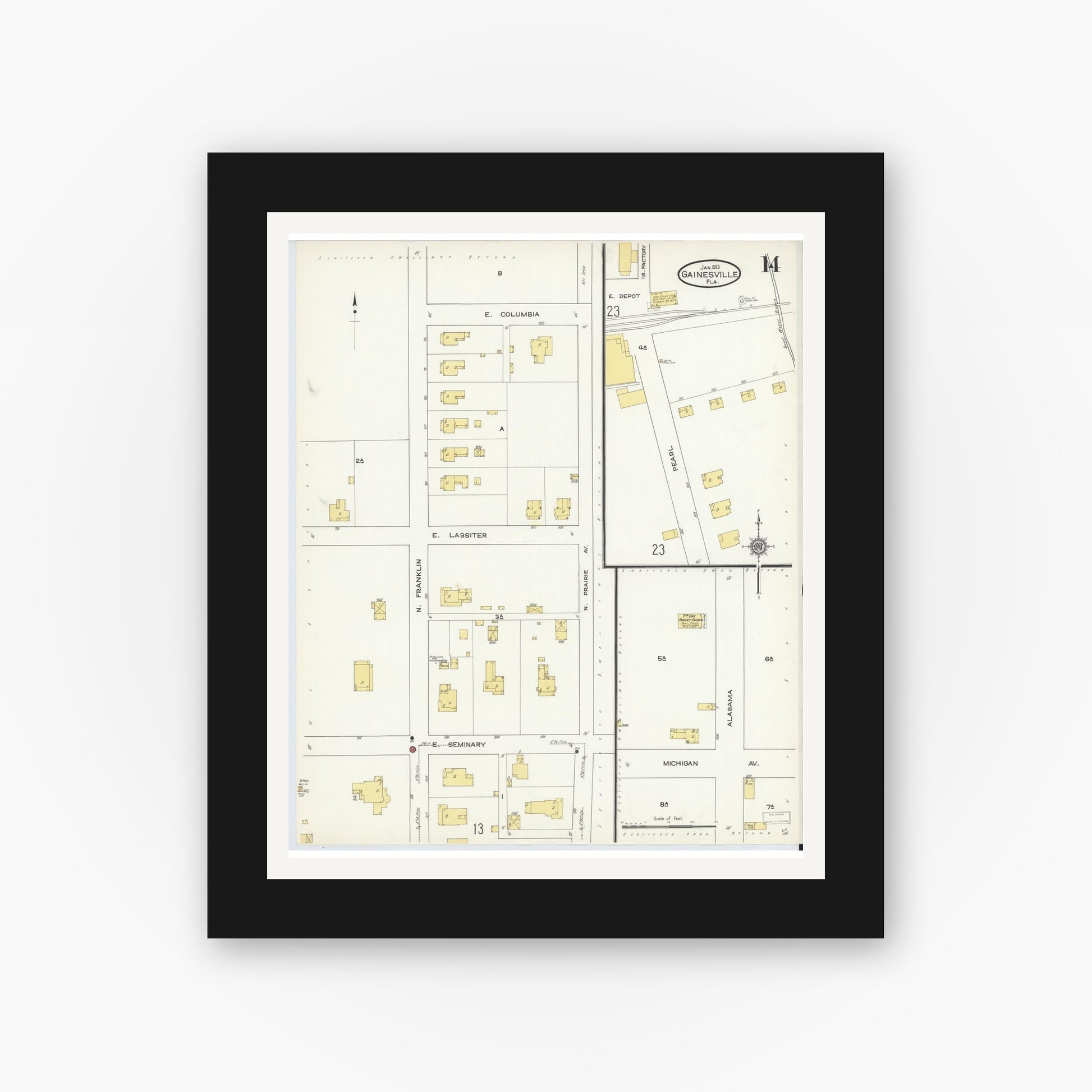Old map wall art mockup — black gallery frame with white mat — Sanborn Fire Insurance Map from Gainesville, Alachua County, Florida (1913), Sheet #0014
