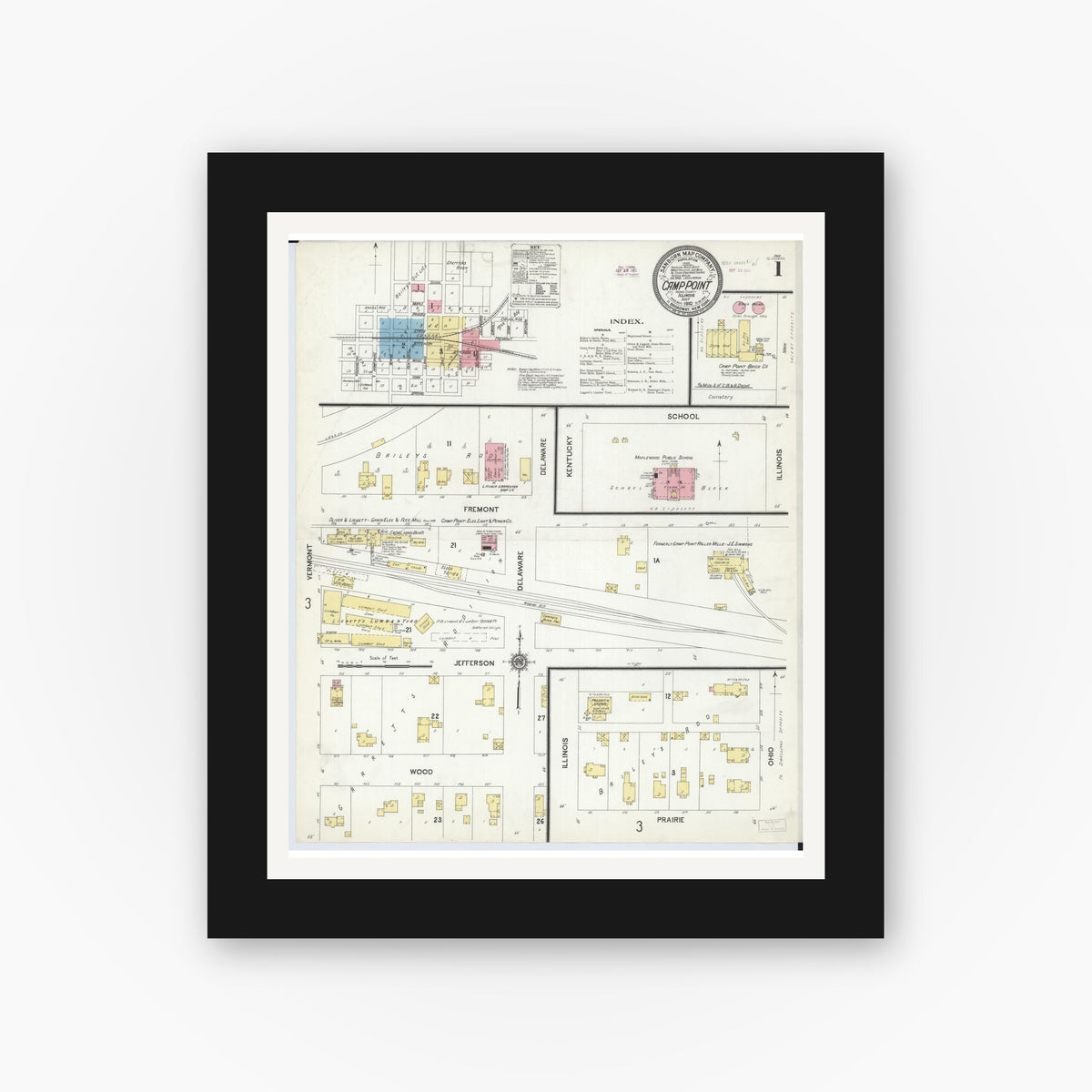 Old map wall art mockup — black gallery frame with white mat — Sanborn Fire Insurance Map from Camp Point, Adams County, Illinois (1910) - Complete Map Set