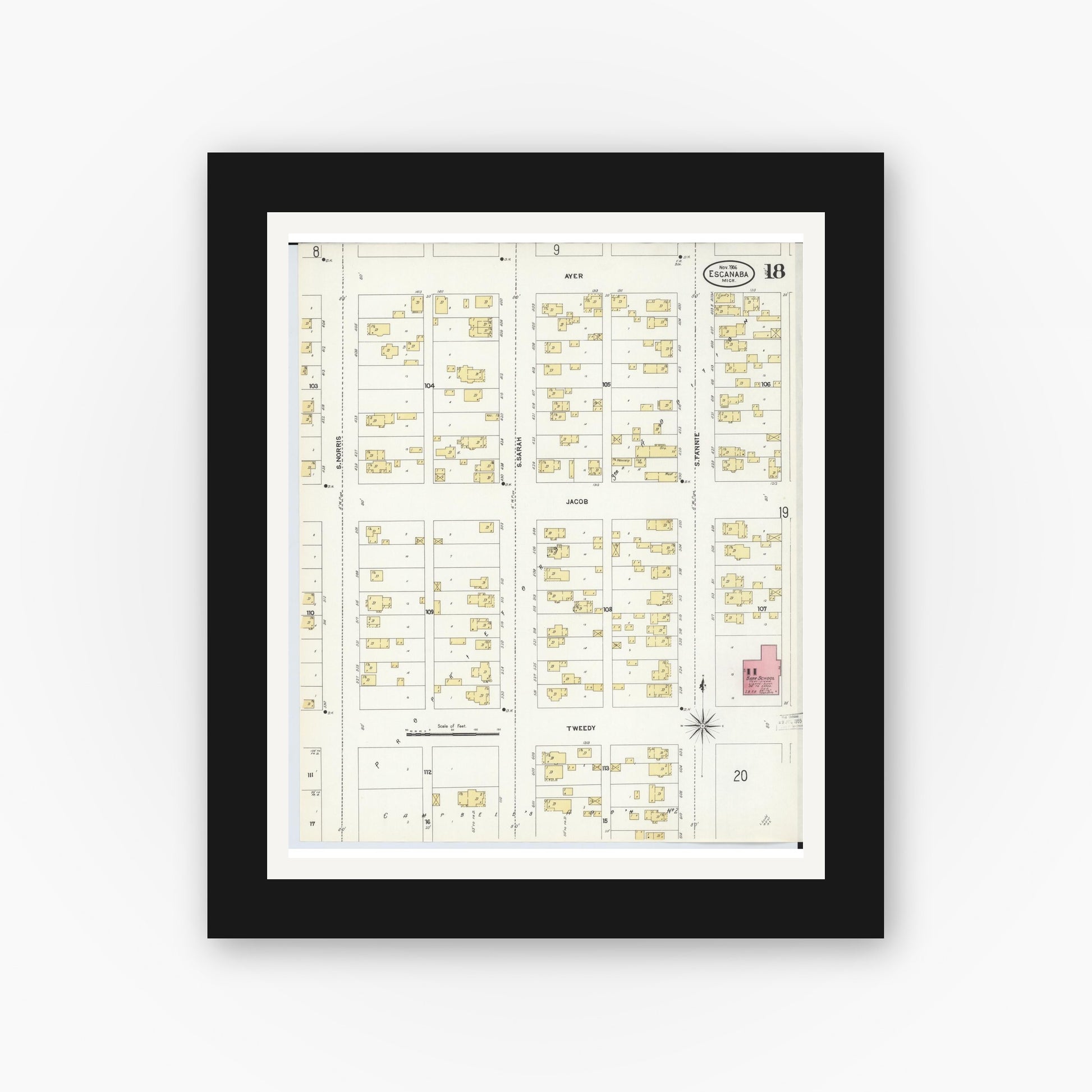 Old map wall art mockup — black gallery frame with white mat — Sanborn Fire Insurance Map from Escanaba, Delta County, Michigan (1906), Sheet #0018