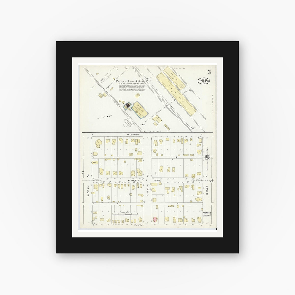 Old map wall art mockup — black gallery frame with white mat — Sanborn Fire Insurance Map from Denison, Grayson County, Texas (1914), Sheet #0003