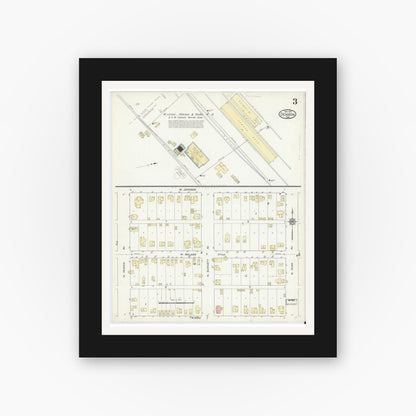 Old map wall art mockup — black gallery frame with white mat — Sanborn Fire Insurance Map from Denison, Grayson County, Texas (1914), Sheet #0003
