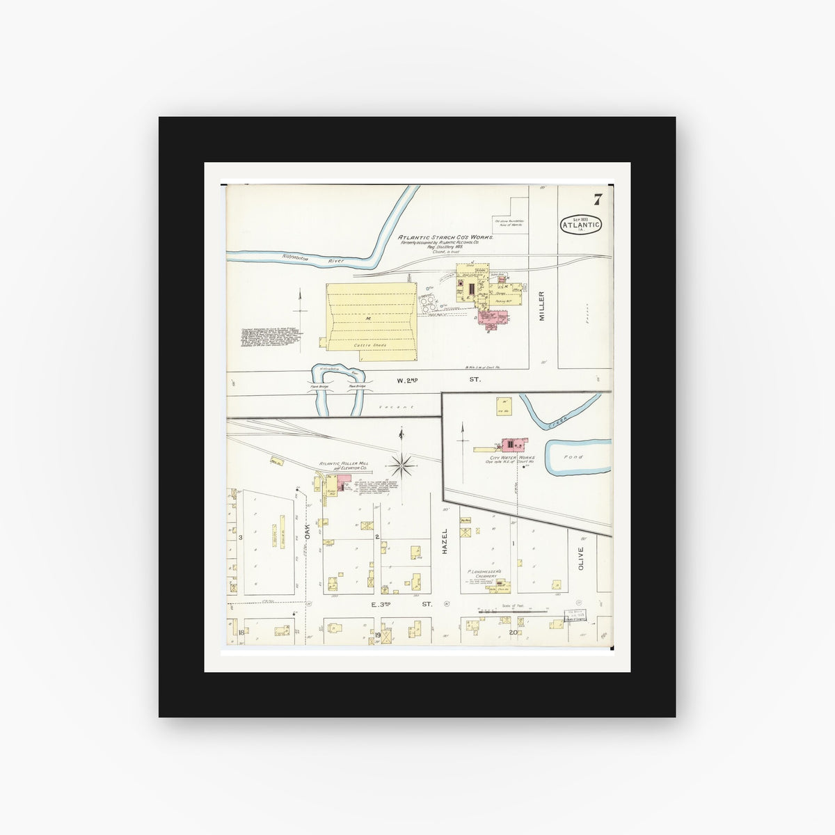 Old map wall art mockup — black gallery frame with white mat — Sanborn Fire Insurance Map from Atlantic, Cass County, Iowa (1893), Sheet #0007