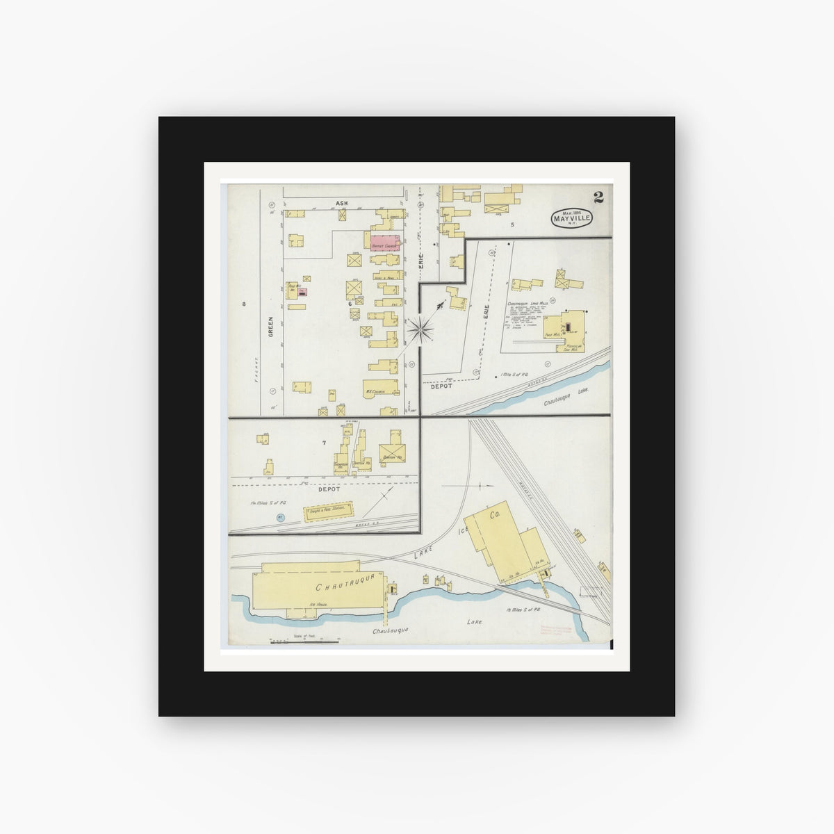 Old map wall art mockup — black gallery frame with white mat — Sanborn Fire Insurance Map from Mayville, Chautauqua County, New York (1895), Sheet #0002