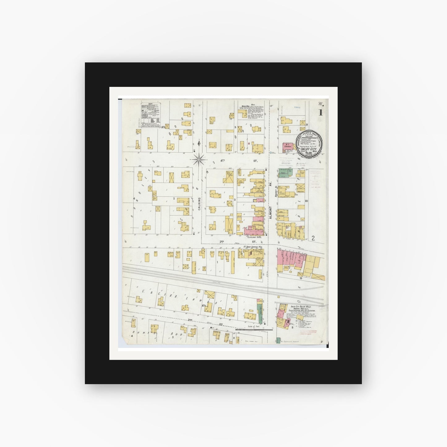 Old map wall art mockup — black gallery frame with white mat — Sanborn Fire Insurance Map from Imlay City, Lapeer County, Michigan (1900) - Complete Map Set