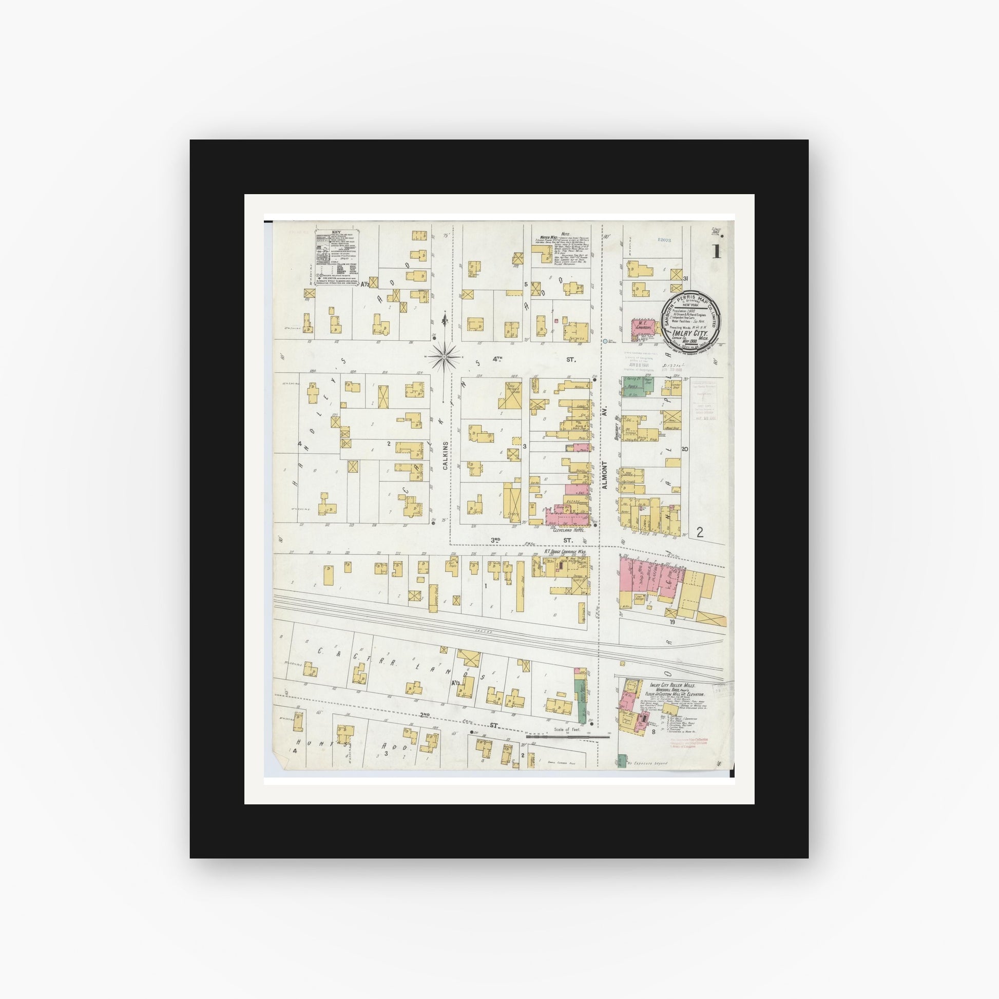 Old map wall art mockup — black gallery frame with white mat — Sanborn Fire Insurance Map from Imlay City, Lapeer County, Michigan (1900) - Complete Map Set