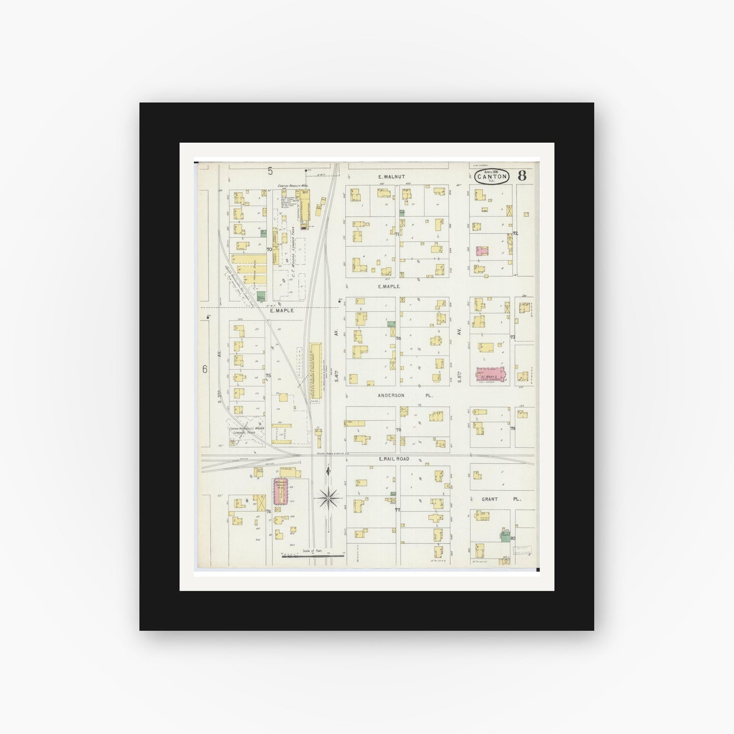 Old map wall art mockup — black gallery frame with white mat — Sanborn Fire Insurance Map from Canton, Fulton County, Illinois (1896), Sheet #0008