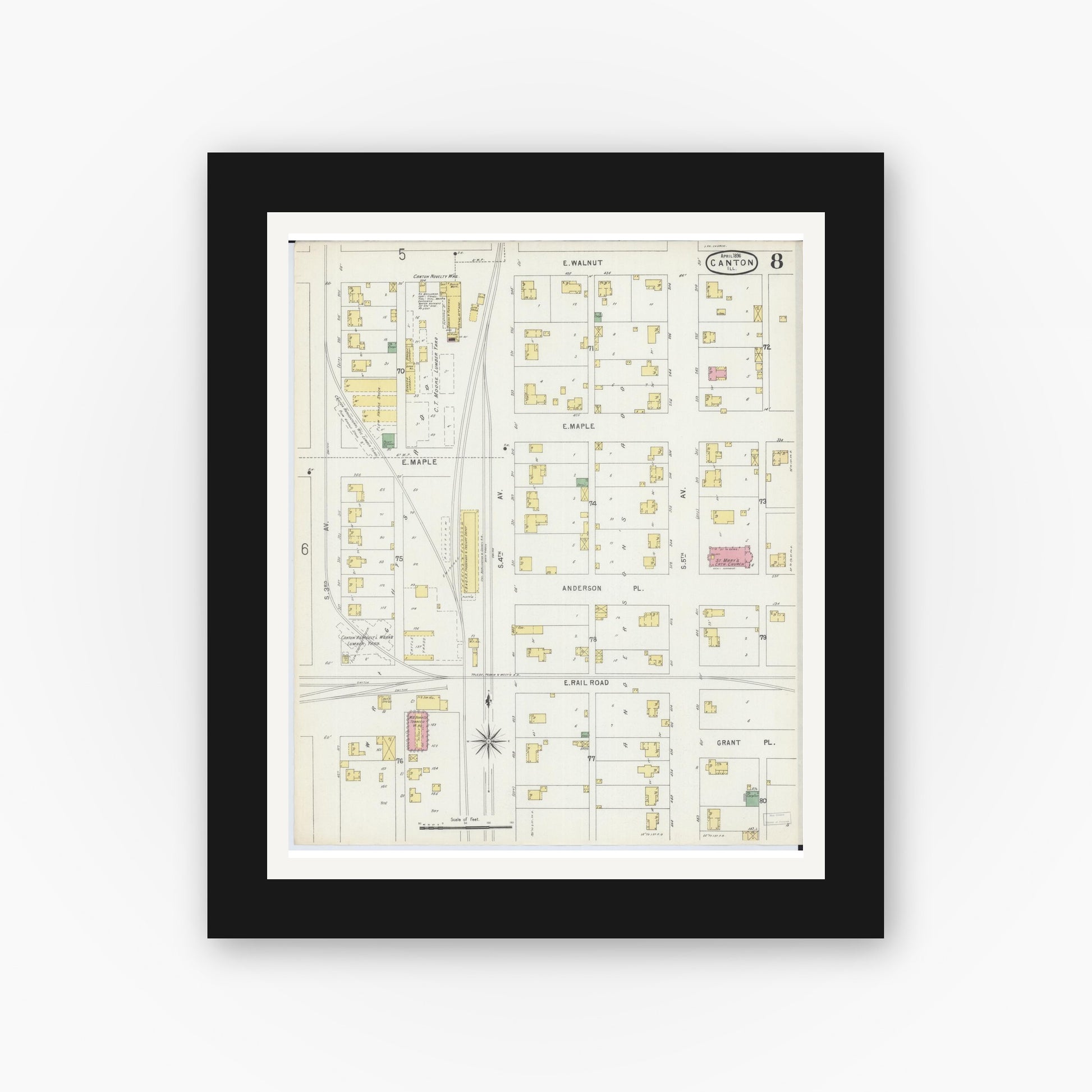 Old map wall art mockup — black gallery frame with white mat — Sanborn Fire Insurance Map from Canton, Fulton County, Illinois (1896), Sheet #0008