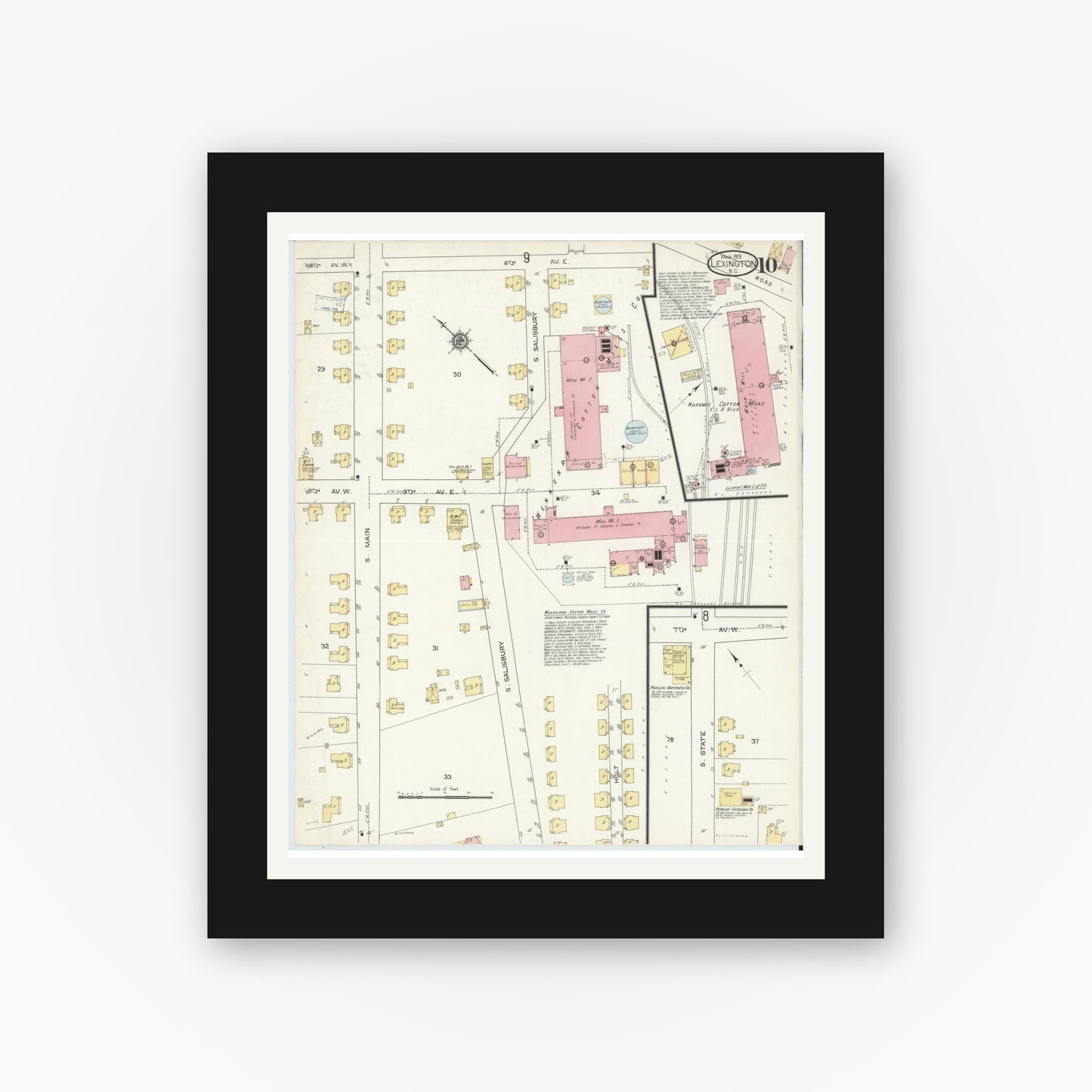 Old map wall art mockup — black gallery frame with white mat — Sanborn Fire Insurance Map from Lexington, Davidson County, North Carolina (1913), Sheet #0010