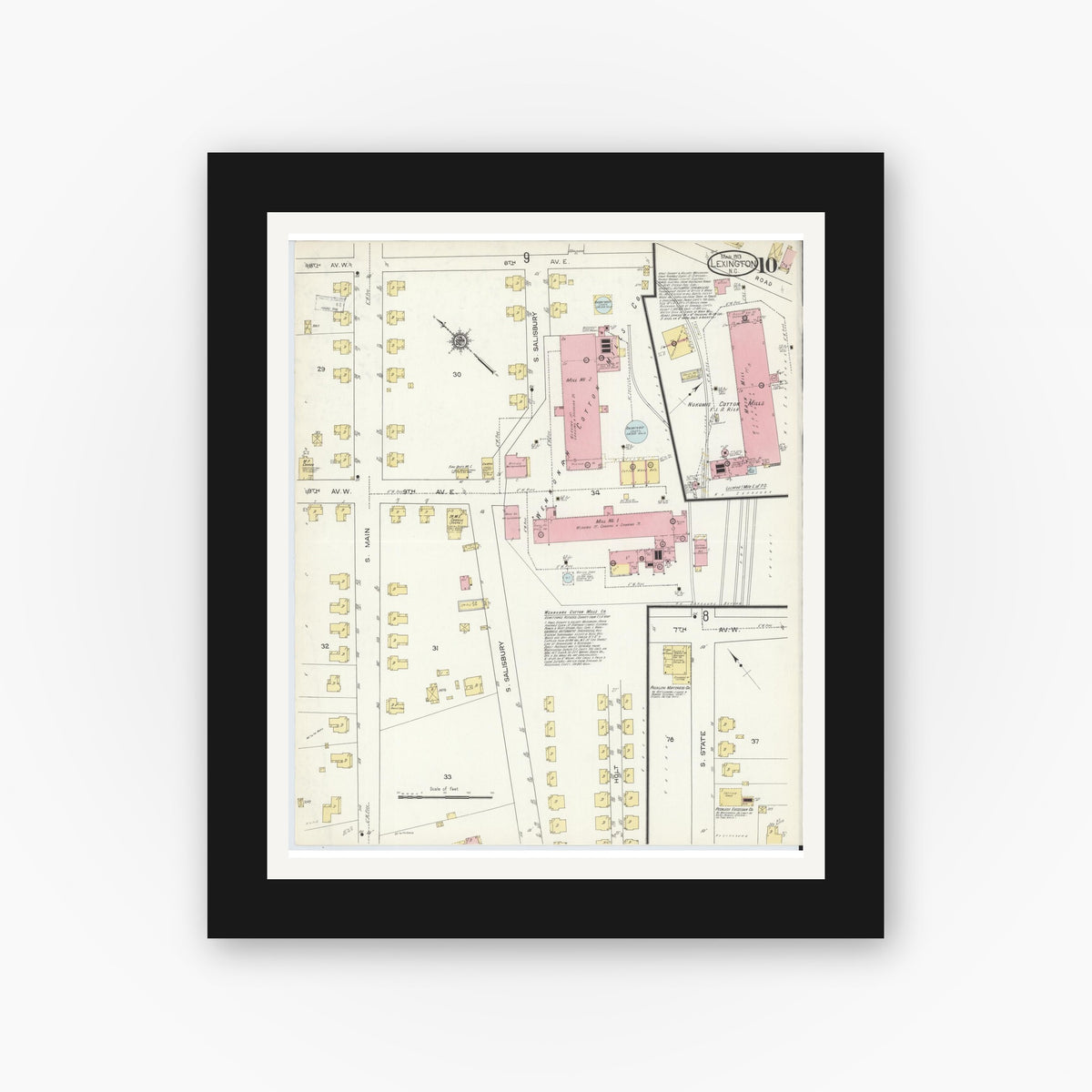 Old map wall art mockup — black gallery frame with white mat — Sanborn Fire Insurance Map from Lexington, Davidson County, North Carolina (1913), Sheet #0010