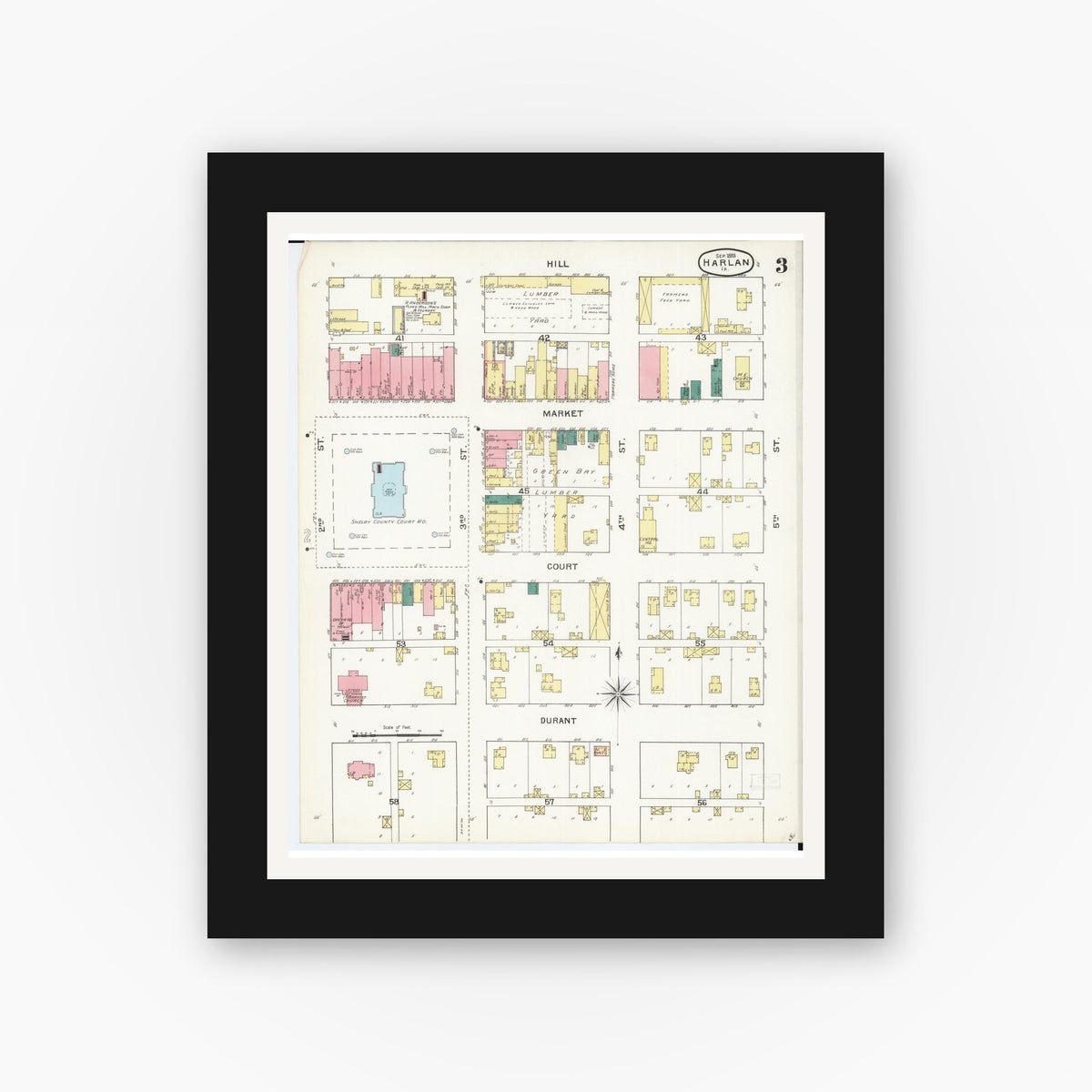 Old map wall art mockup — black gallery frame with white mat — Sanborn Fire Insurance Map from Harlan, Shelby County, Iowa (1893), Sheet #0003