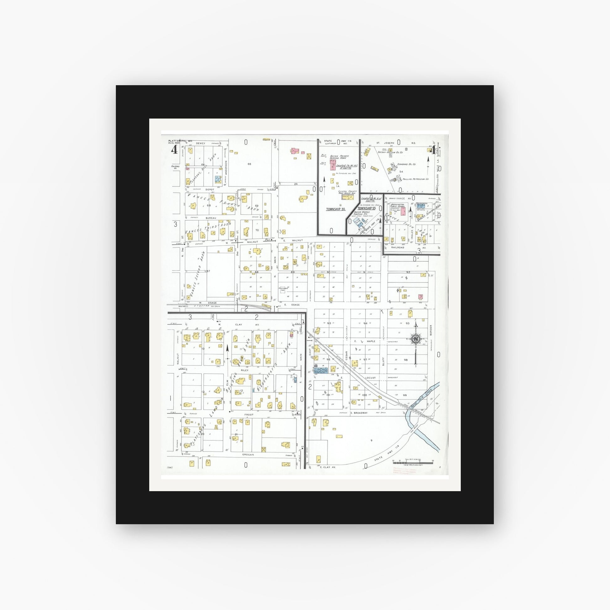 Old map wall art mockup — black gallery frame with white mat — Sanborn Fire Insurance Map from Plattsburg, Clinton County, Missouri (1949), Sheet #0004