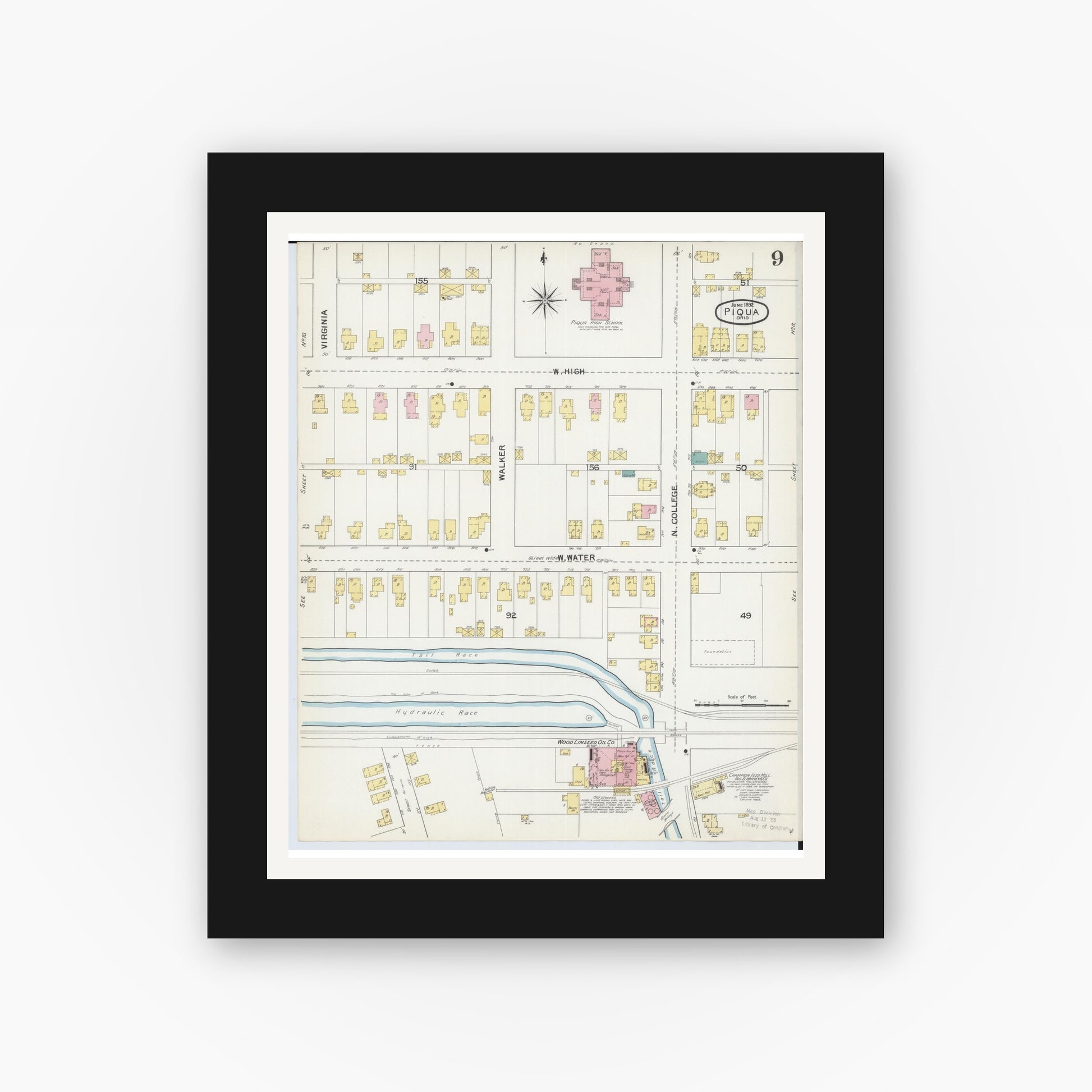 Old map wall art mockup — black gallery frame with white mat — Sanborn Fire Insurance Map from Piqua, Miami County, Ohio (1892), Sheet #0009
