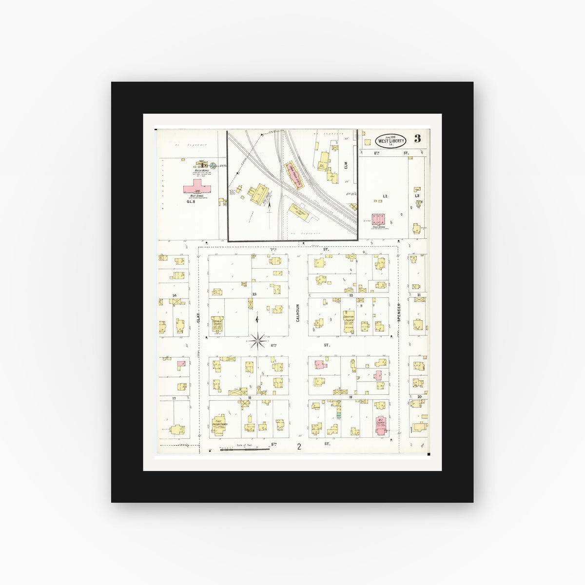 Old map wall art mockup — black gallery frame with white mat — Sanborn Fire Insurance Map from West Liberty, Muscatine County, Iowa (1899), Sheet #0003