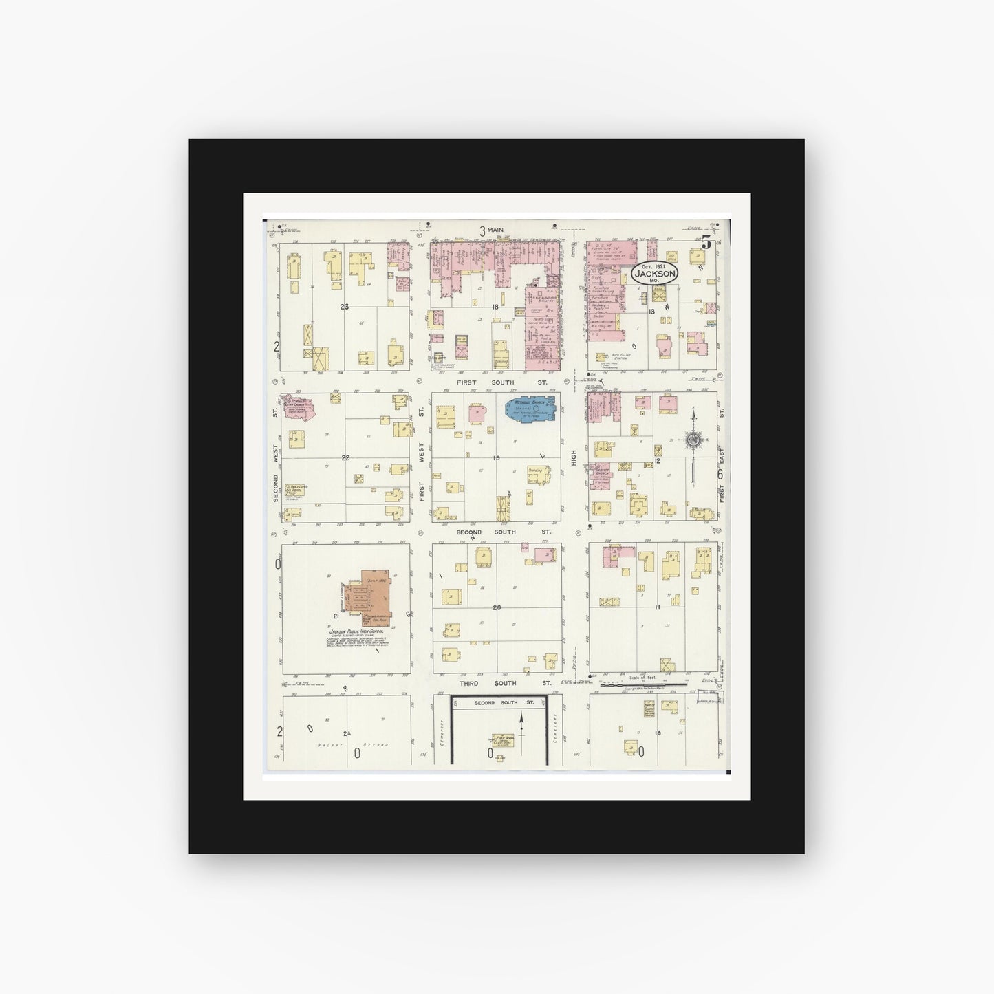 Old map wall art mockup — black gallery frame with white mat — Sanborn Fire Insurance Map from Jackson, Cape Girardeau County, Missouri (1921), Sheet #0005