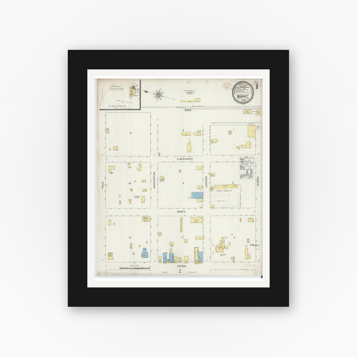 Old map wall art mockup — black gallery frame with white mat — Sanborn Fire Insurance Map from Burnet, Burnet County, Texas (1896) - Complete Map Set