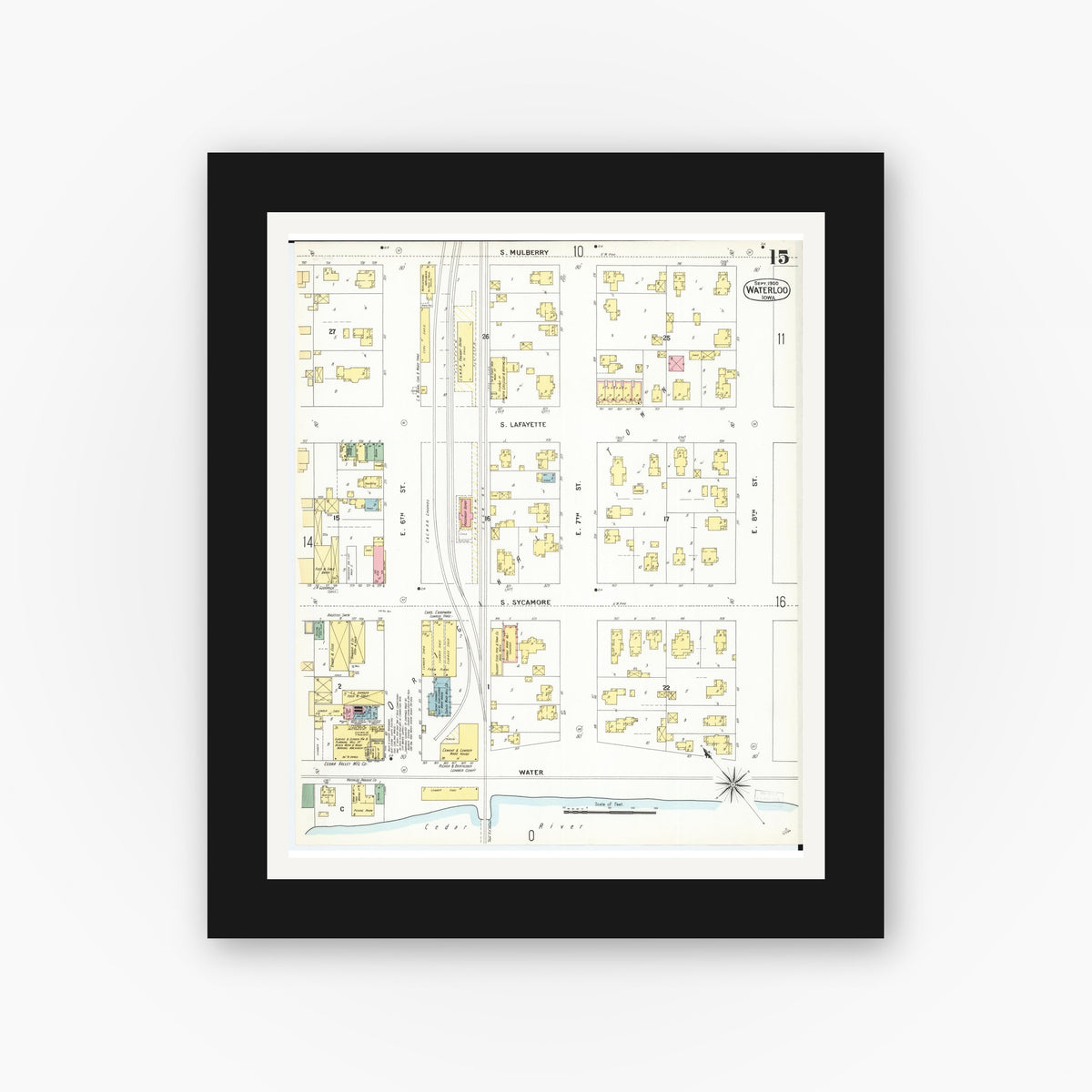 Old map wall art mockup — black gallery frame with white mat — Sanborn Fire Insurance Map from Waterloo, Black Hawk County, Iowa (1900), Sheet #0015