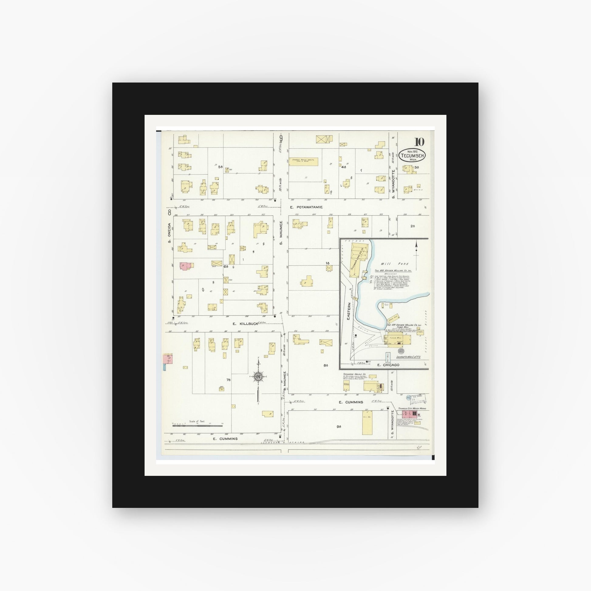 Old map wall art mockup — black gallery frame with white mat — Sanborn Fire Insurance Map from Tecumseh, Lenawee County, Michigan (1912), Sheet #0010