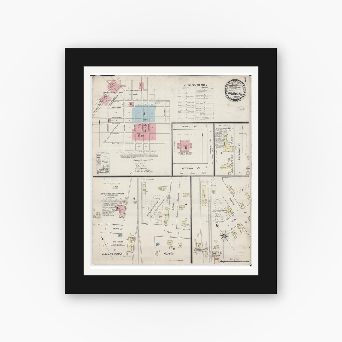 Old map wall art mockup — black gallery frame with white mat — Sanborn Fire Insurance Map from Rushville, Schuyler County, Illinois (1886), Sheet #0001
