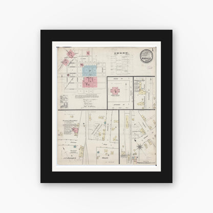 Old map wall art mockup — black gallery frame with white mat — Sanborn Fire Insurance Map from Rushville, Schuyler County, Illinois (1886), Sheet #0001