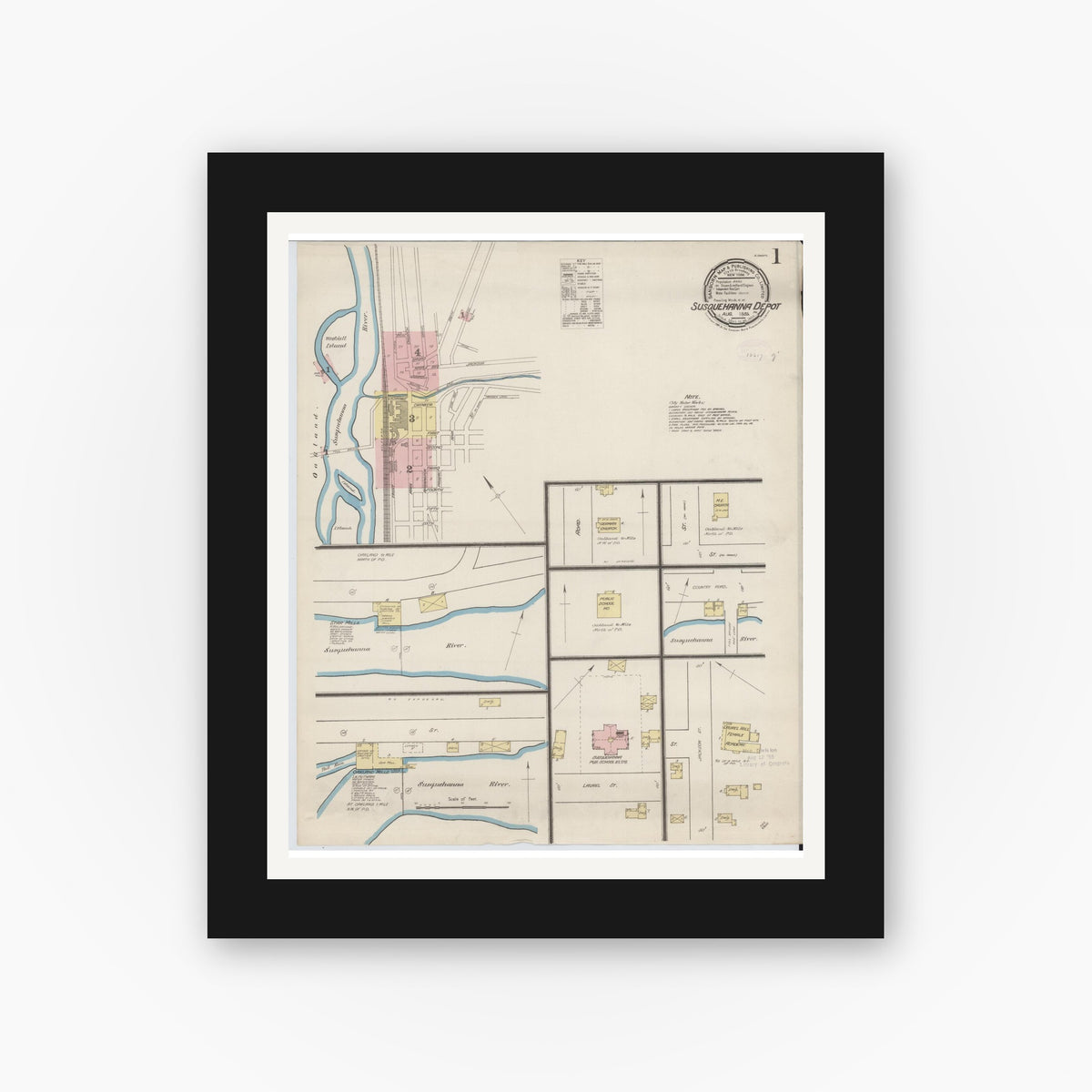 Old map wall art mockup — black gallery frame with white mat — Sanborn Fire Insurance Map from Susquehanna, Susquehanna County, Pennsylvania (1885) - Complete Map Set