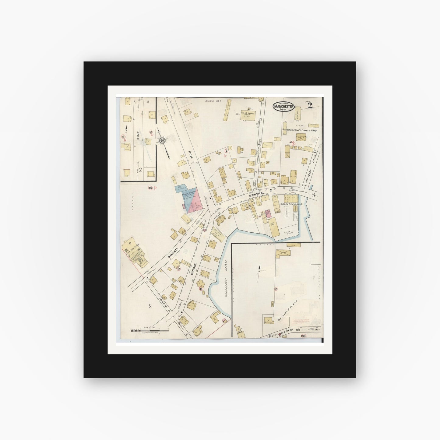Old map wall art mockup — black gallery frame with white mat — Sanborn Fire Insurance Map from Manchester, Essex County, Massachusetts (1941), Sheet #0002