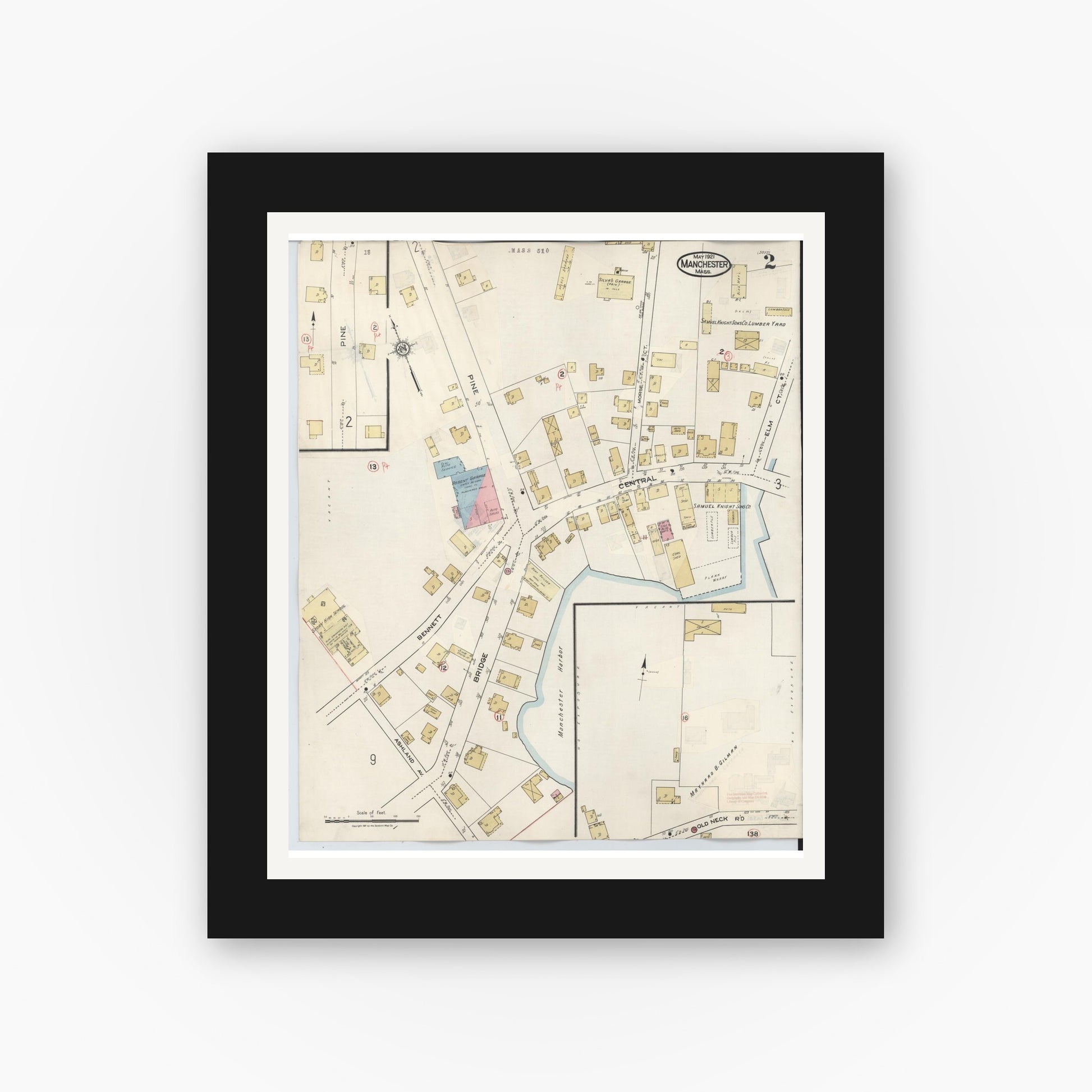 Old map wall art mockup — black gallery frame with white mat — Sanborn Fire Insurance Map from Manchester, Essex County, Massachusetts (1941), Sheet #0002