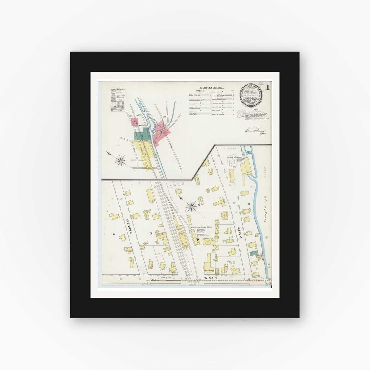 Old map wall art mockup — black gallery frame with white mat — Sanborn Fire Insurance Map from Marathon, Cortland County, New York (1893) - Complete Map Set