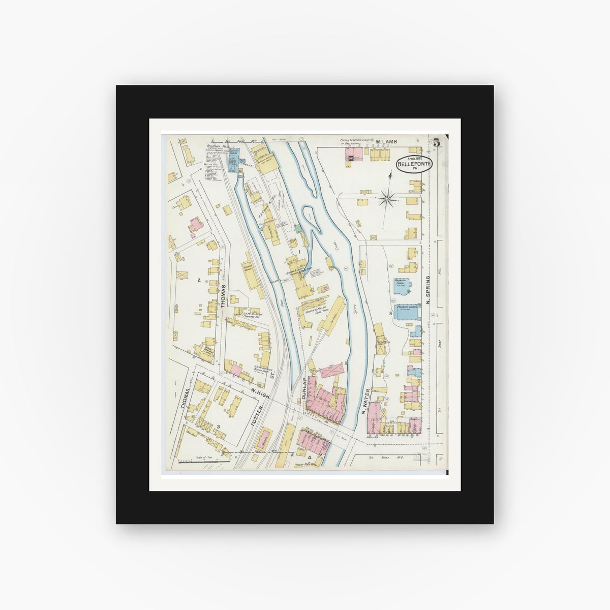 Old map wall art mockup — black gallery frame with white mat — Sanborn Fire Insurance Map from Bellefonte, Centre County, Pennsylvania (1892), Sheet #0005