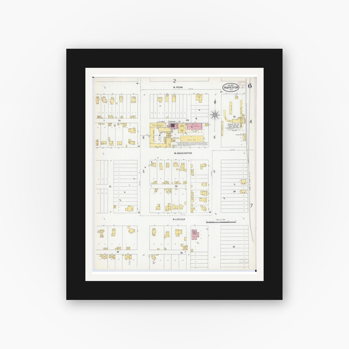 Old map wall art mockup — black gallery frame with white mat — Sanborn Fire Insurance Map from Hoopeston, Vermilion County, Illinois (1899), Sheet #0006