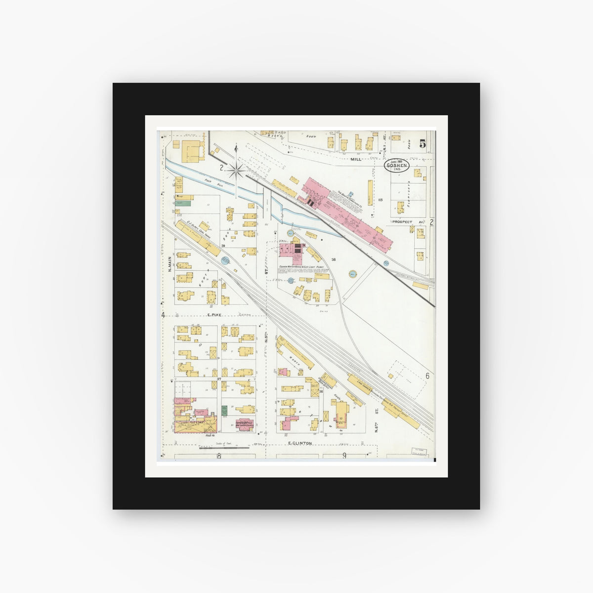 Old map wall art mockup — black gallery frame with white mat — Sanborn Fire Insurance Map from Goshen, Elkhart County, Indiana (1905), Sheet #0005