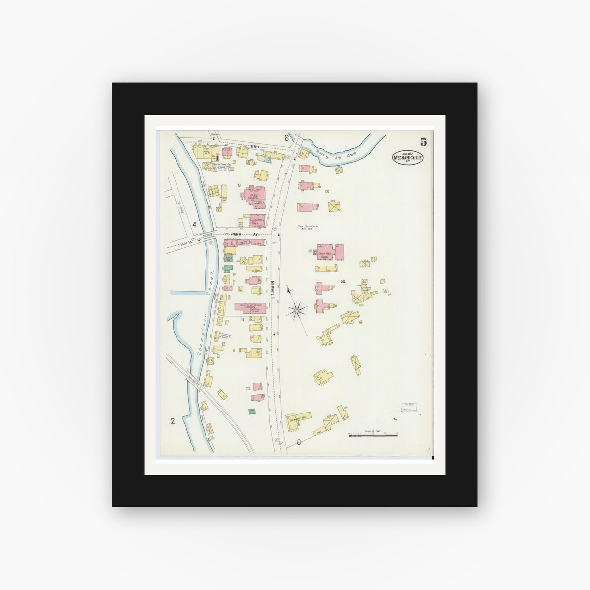 Old map wall art mockup — black gallery frame with white mat — Sanborn Fire Insurance Map from Mechanicville, Saratoga County, New York (1897), Sheet #0005