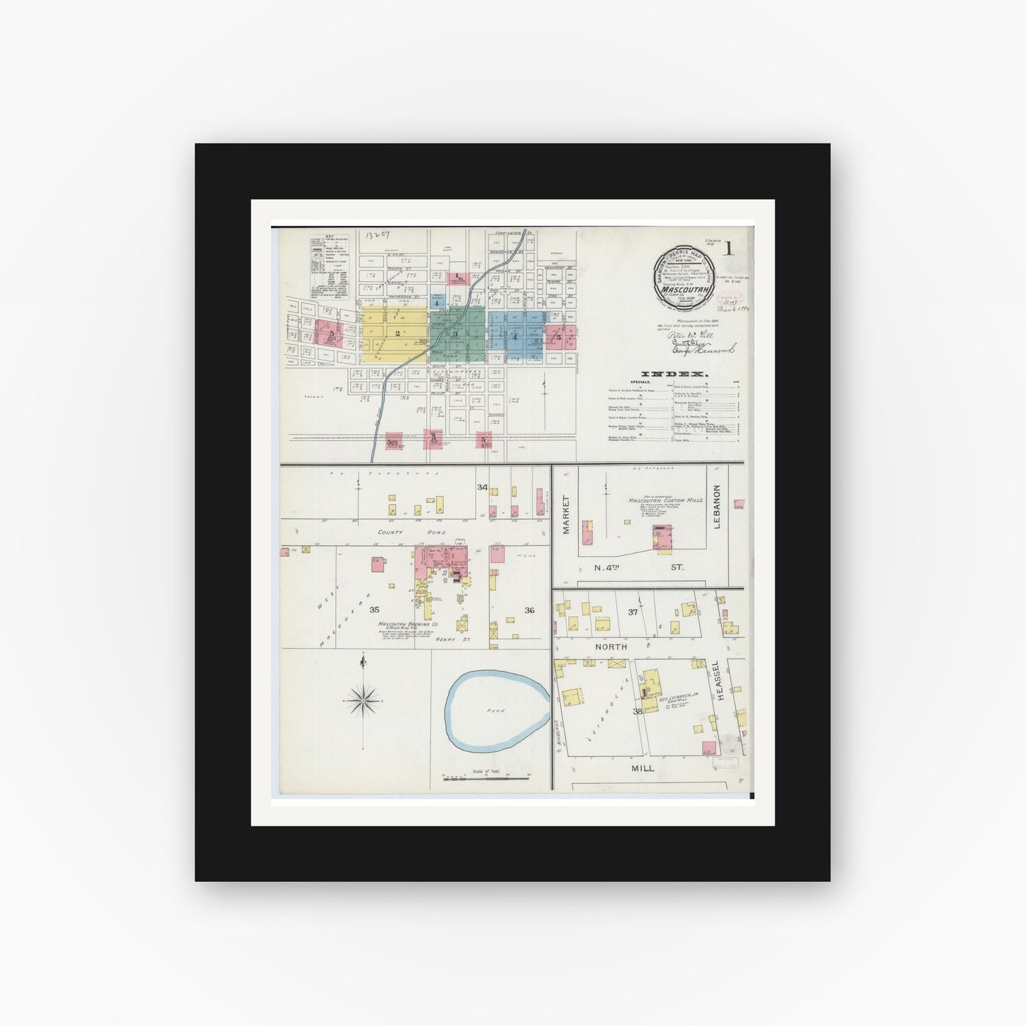 Old map wall art mockup — black gallery frame with white mat — Sanborn Fire Insurance Map from Mascoutah, Saint Clair County, Illinois (1894) - Complete Map Set