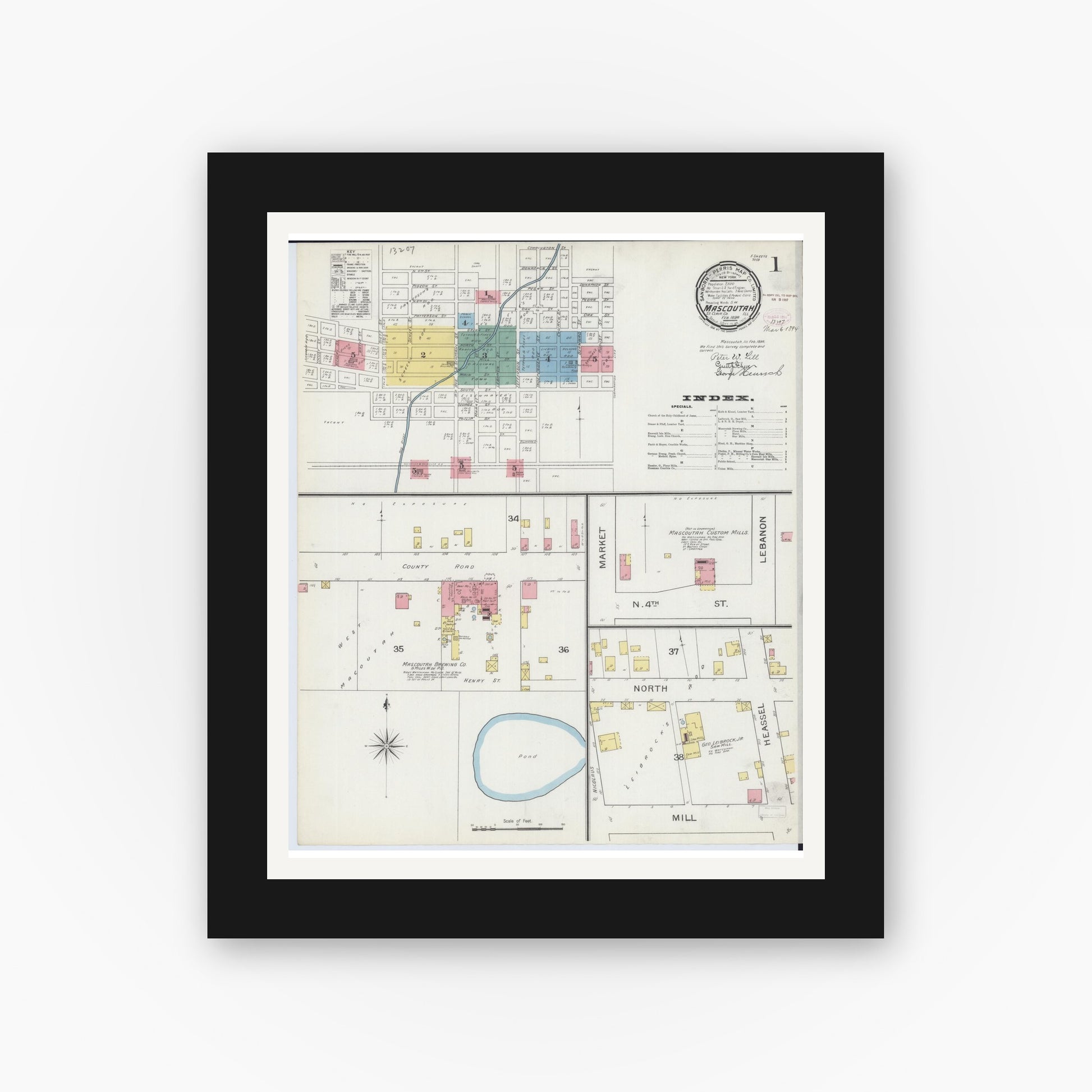 Old map wall art mockup — black gallery frame with white mat — Sanborn Fire Insurance Map from Mascoutah, Saint Clair County, Illinois (1894) - Complete Map Set