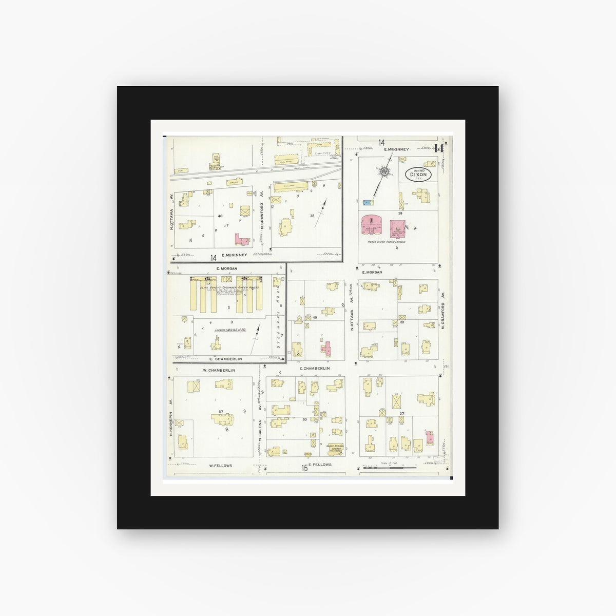 Old map wall art mockup — black gallery frame with white mat — Sanborn Fire Insurance Map from Dixon, Lee County, Illinois (1910), Sheet #0014