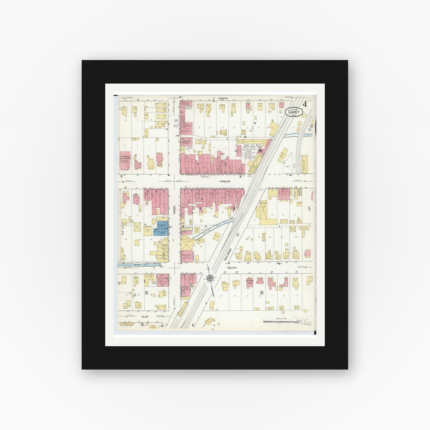 Old map wall art mockup — black gallery frame with white mat — Sanborn Fire Insurance Map from Carey, Wyandot County, Ohio (1916), Sheet #0004