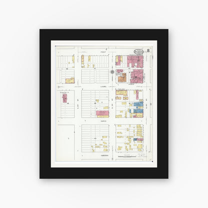 Old map wall art mockup — black gallery frame with white mat — Sanborn Fire Insurance Map from Brainerd, Crow Wing County, Minnesota (1917), Sheet #0008