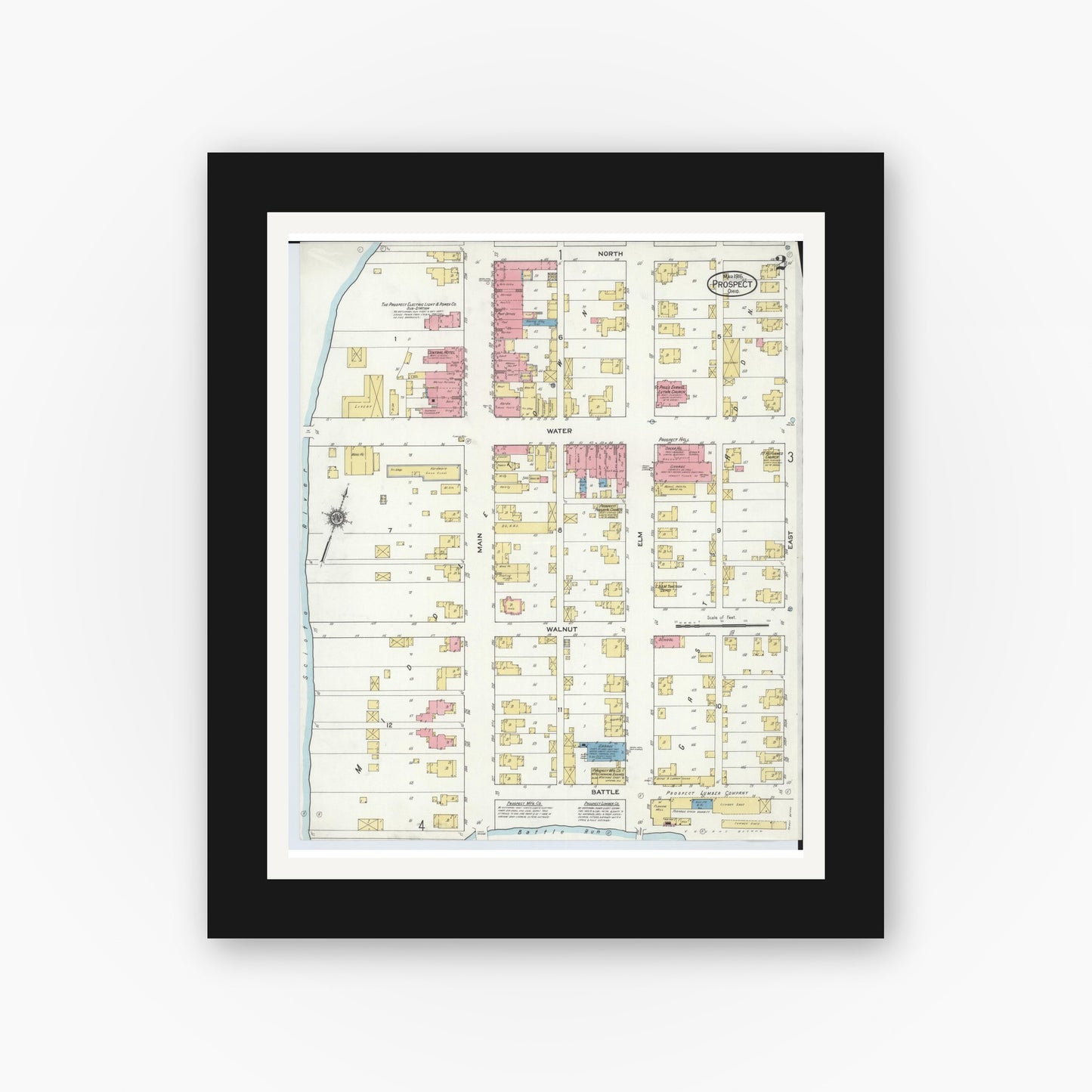 Old map wall art mockup — black gallery frame with white mat — Sanborn Fire Insurance Map from Prospect, Marion County, Ohio (1916), Sheet #0002