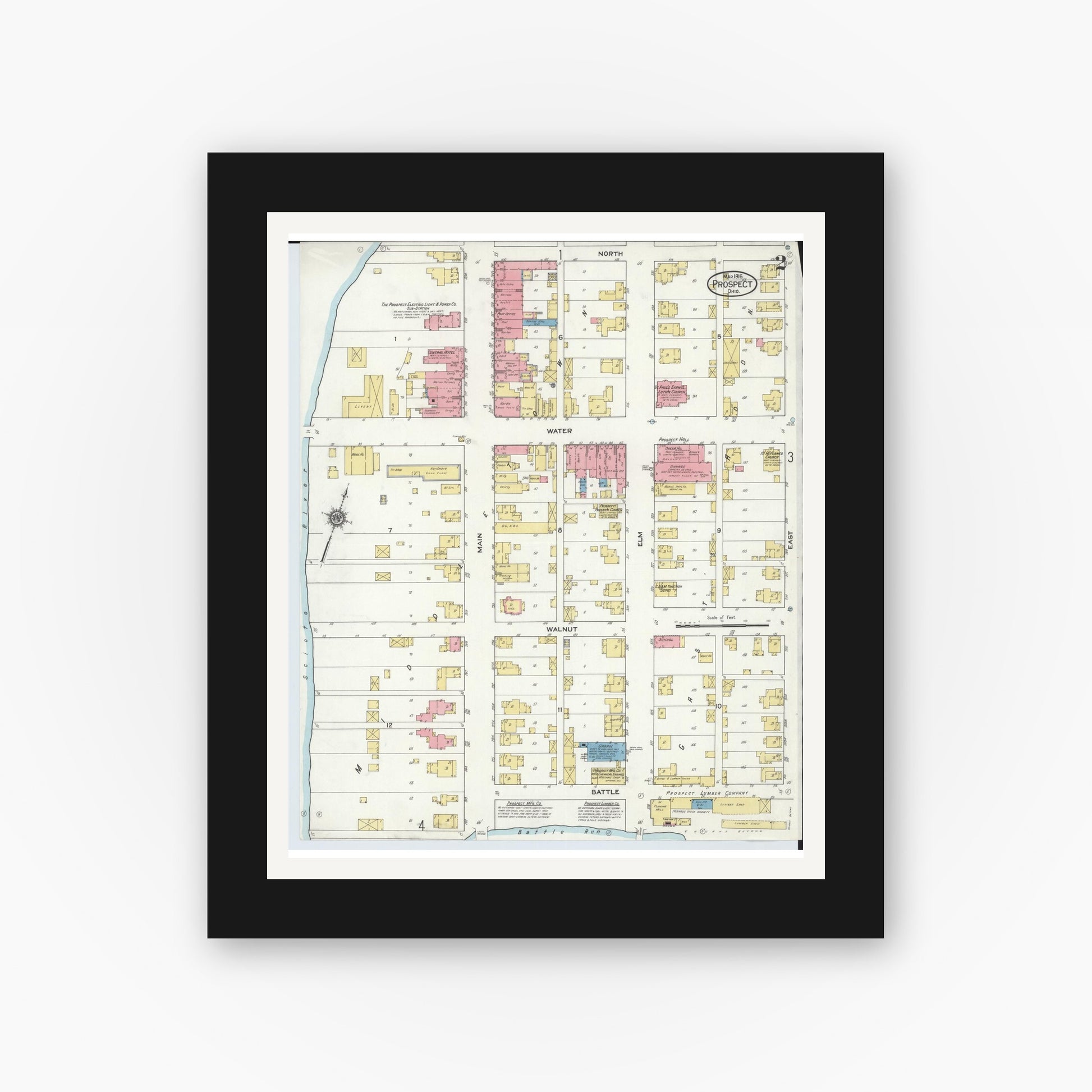 Old map wall art mockup — black gallery frame with white mat — Sanborn Fire Insurance Map from Prospect, Marion County, Ohio (1916), Sheet #0002