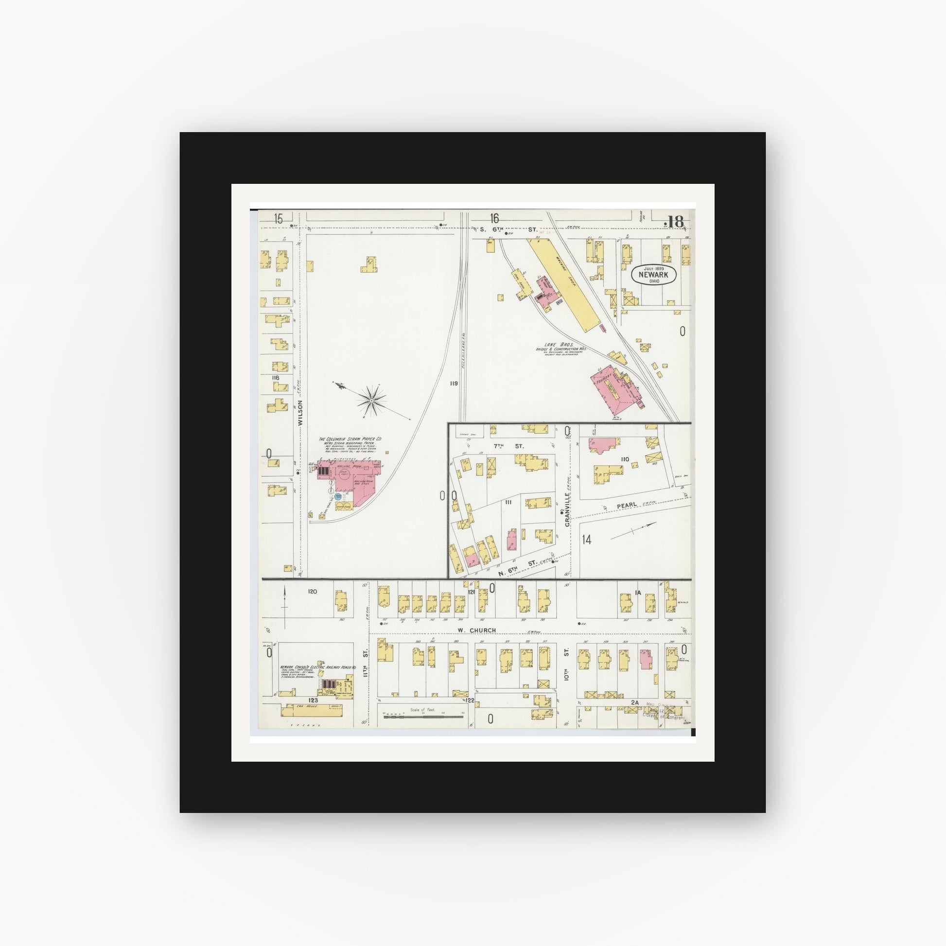 Old map wall art mockup — black gallery frame with white mat — Sanborn Fire Insurance Map from Newark, Licking County, Ohio (1899), Sheet #0018