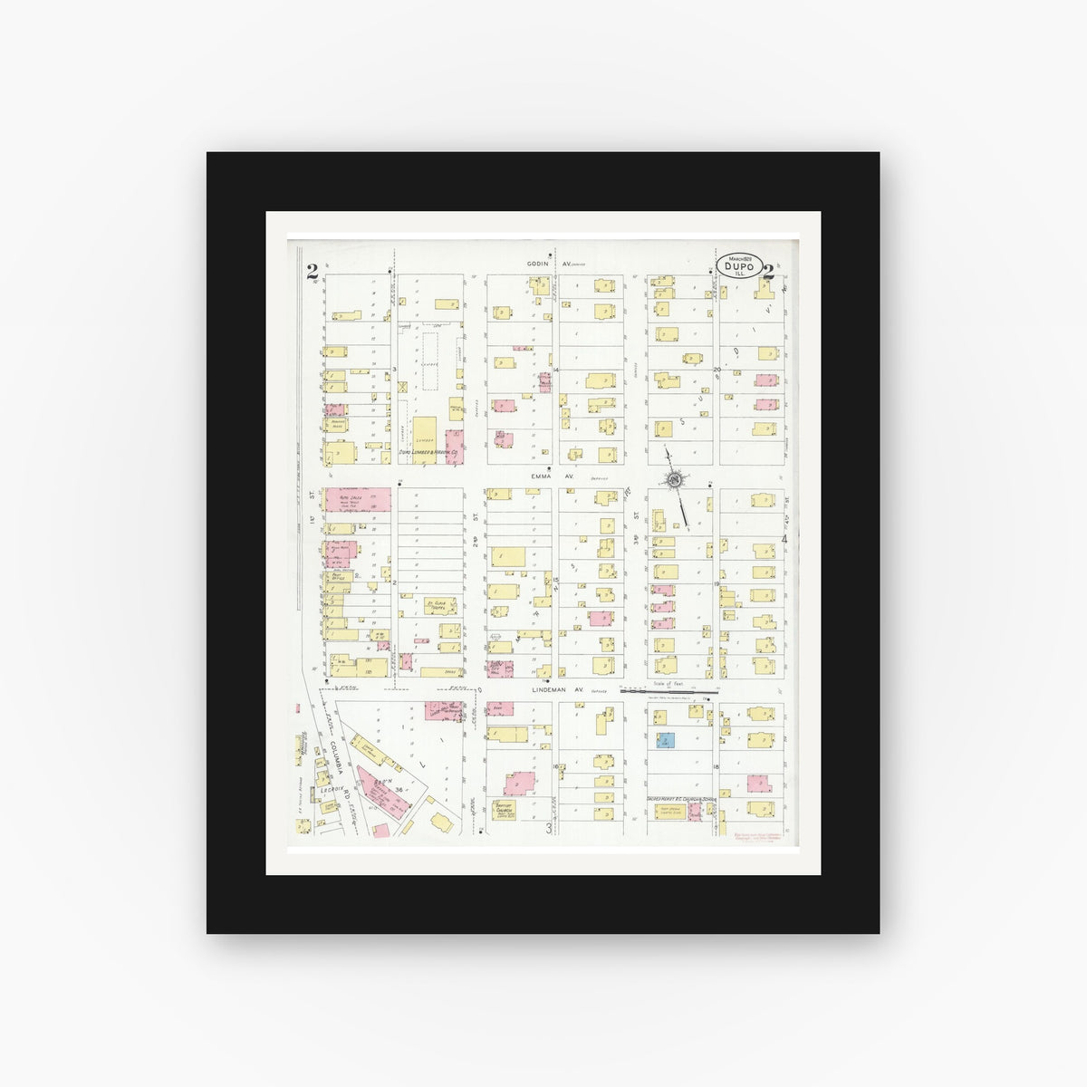 Old map wall art mockup — black gallery frame with white mat — Sanborn Fire Insurance Map from Dupo, Saint Clair County, Illinois (1928), Sheet #0002