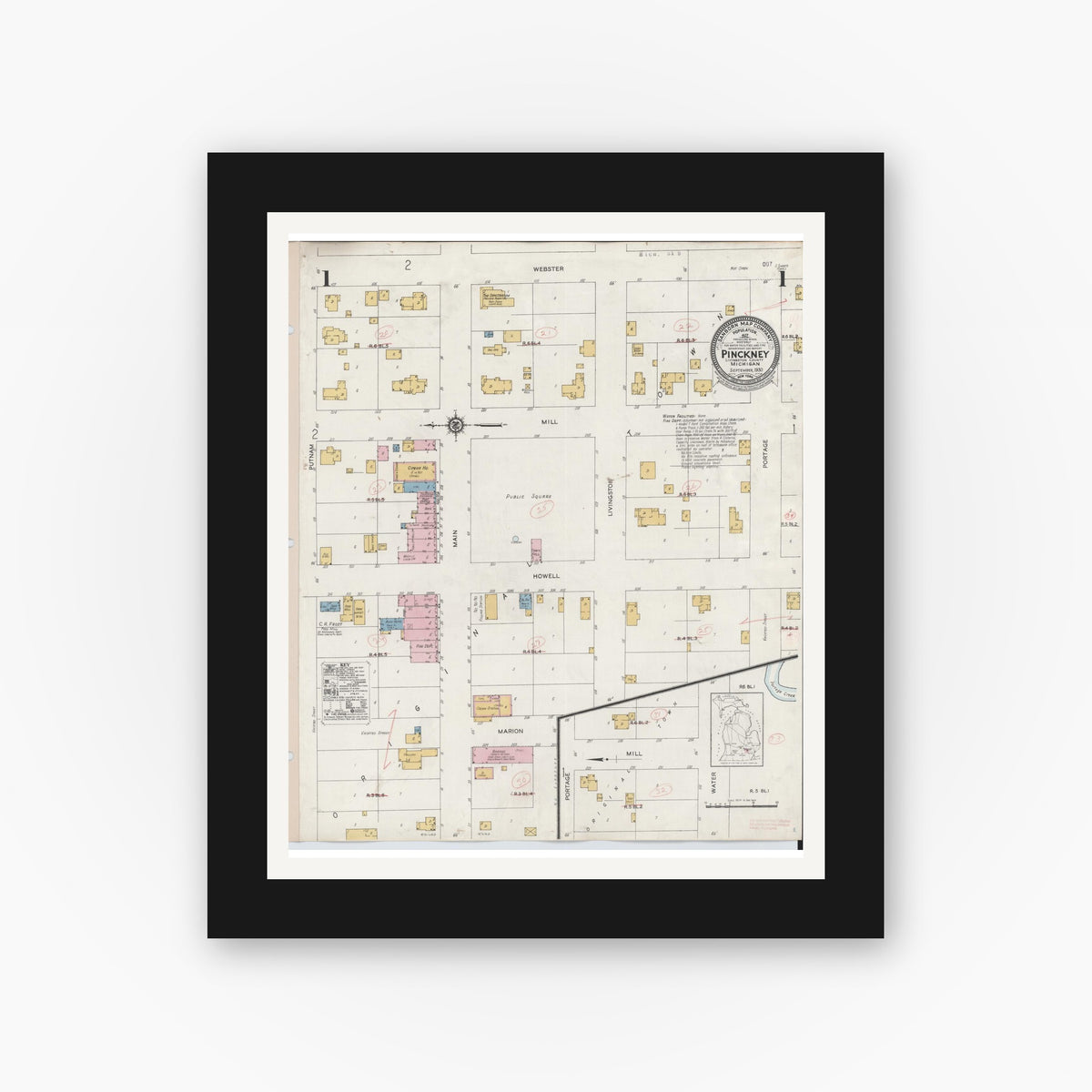 Old map wall art mockup — black gallery frame with white mat — Sanborn Fire Insurance Map from Pinckney, Livingston County, Michigan (1930), Sheet #0001