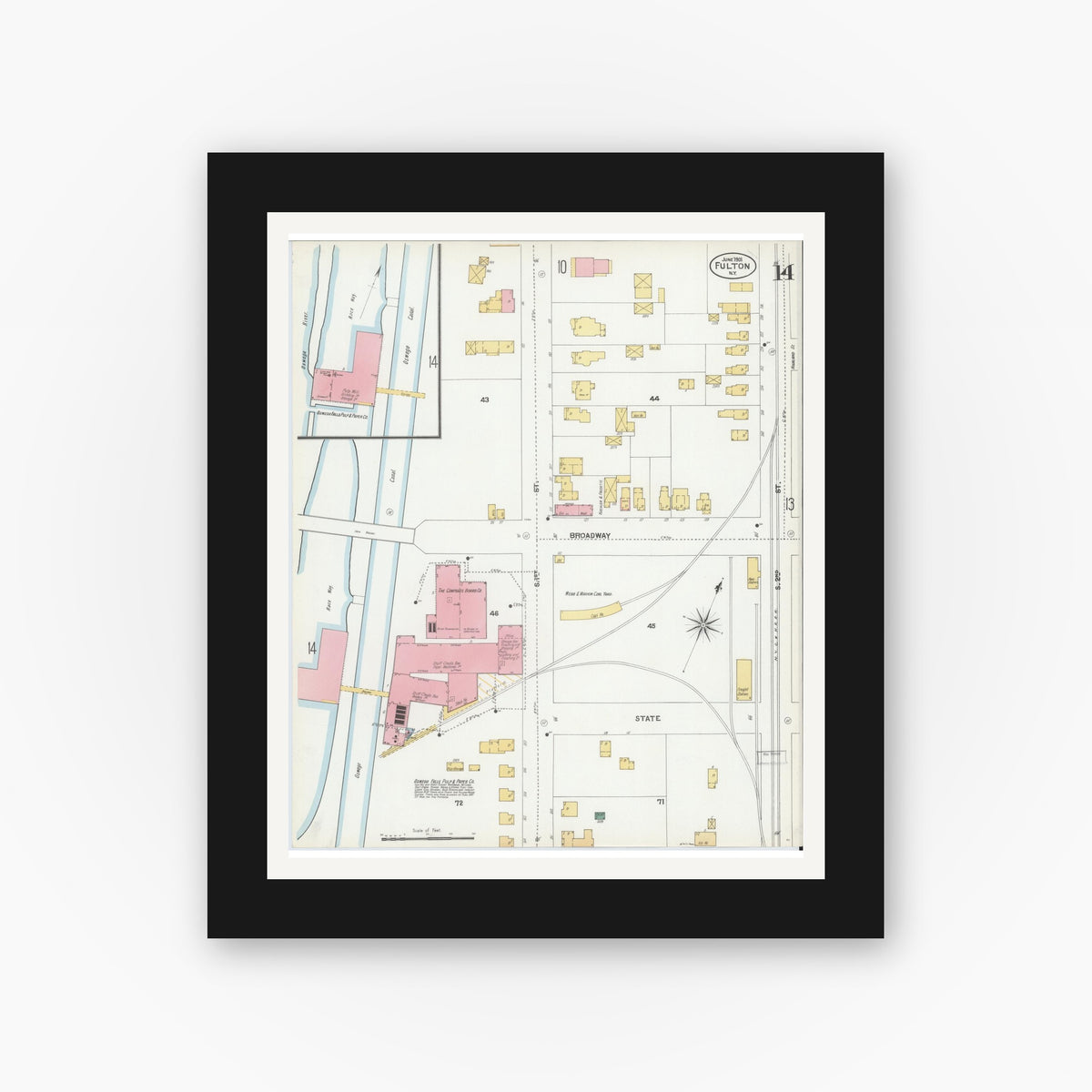 Old map wall art mockup — black gallery frame with white mat — Sanborn Fire Insurance Map from Fulton, Oswego County, New York (1901), Sheet #0014