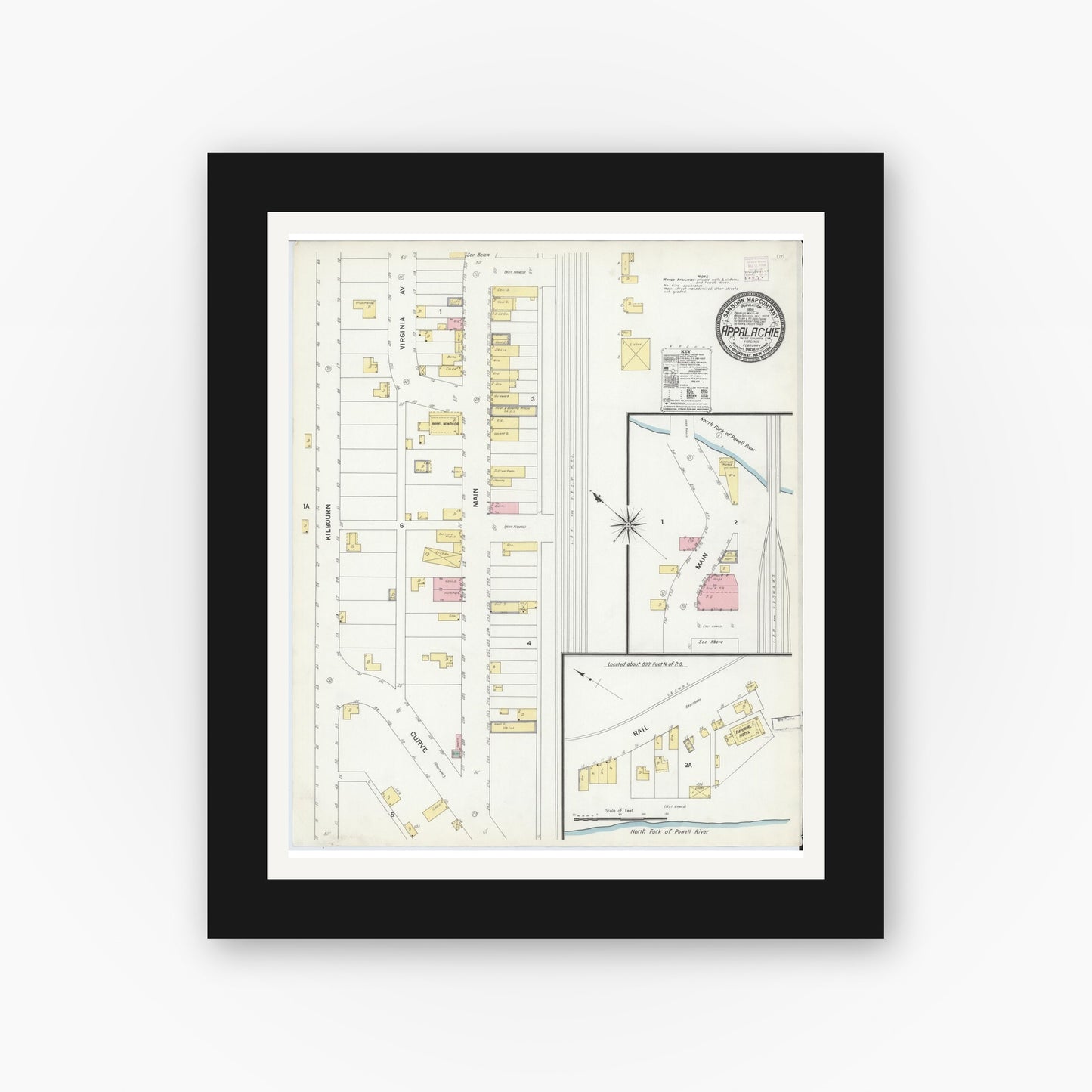 Old map wall art mockup — black gallery frame with white mat — Sanborn Fire Insurance Map from Appalachia, Wise County, Virginia (1908), Sheet #0001
