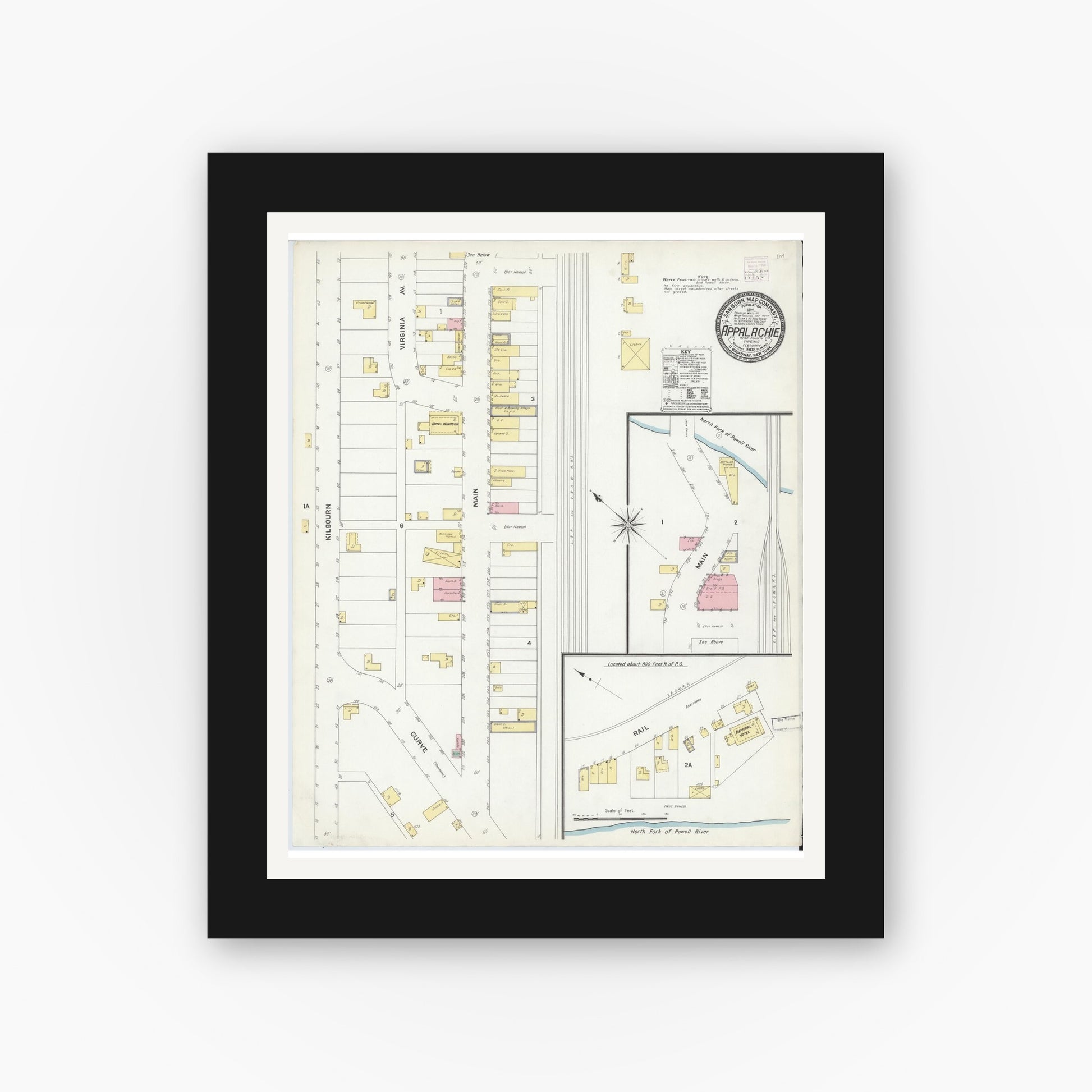 Old map wall art mockup — black gallery frame with white mat — Sanborn Fire Insurance Map from Appalachia, Wise County, Virginia (1908), Sheet #0001