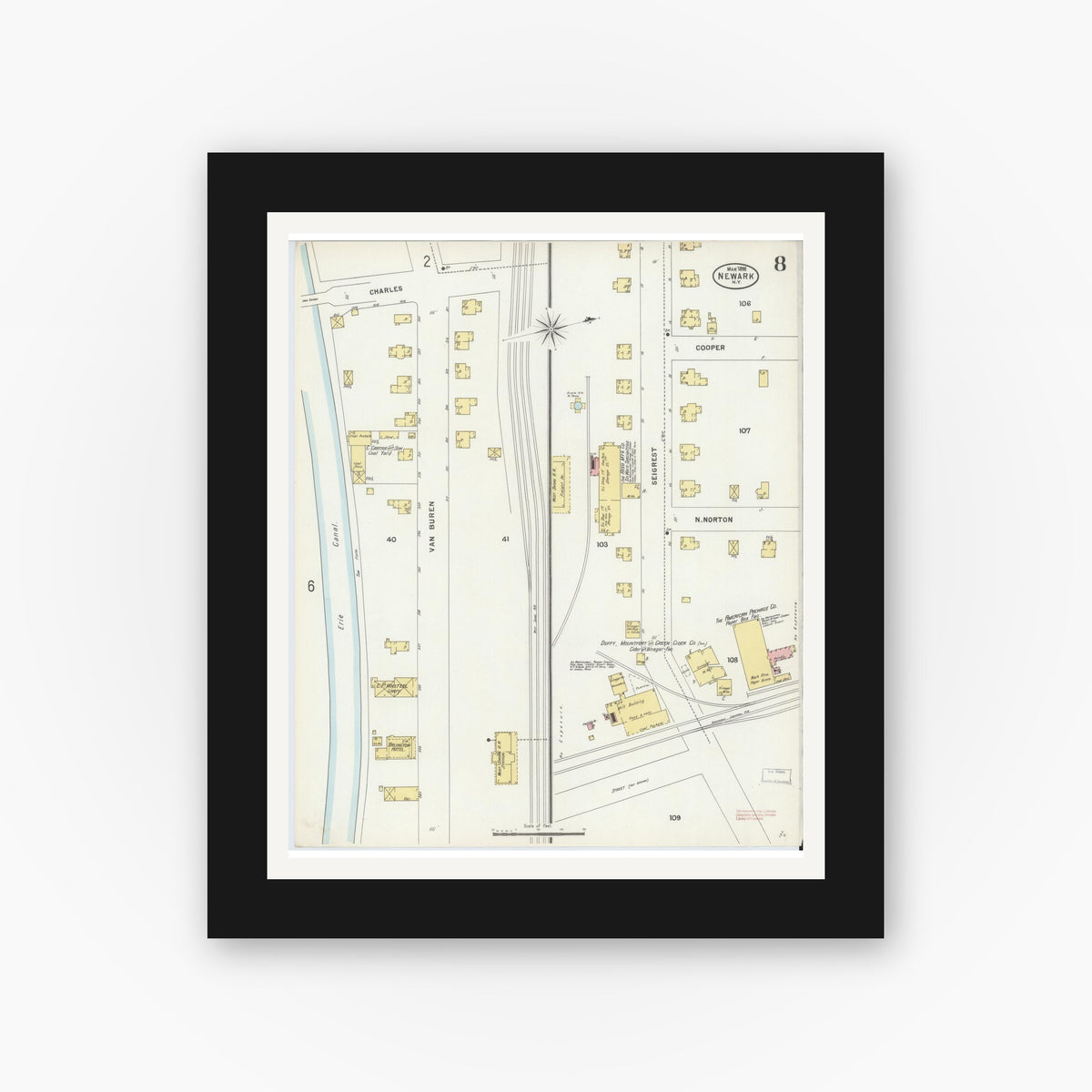 Old map wall art mockup — black gallery frame with white mat — Sanborn Fire Insurance Map from Newark, Wayne County, New York (1898), Sheet #0008