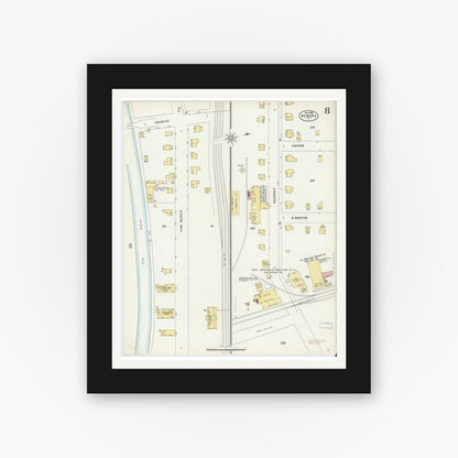Old map wall art mockup — black gallery frame with white mat — Sanborn Fire Insurance Map from Newark, Wayne County, New York (1898), Sheet #0008