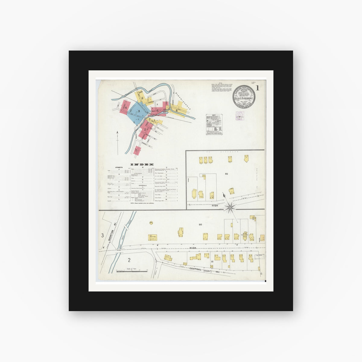Old map wall art mockup — black gallery frame with white mat — Sanborn Fire Insurance Map from Butler, Morris County, New Jersey (1905) - Complete Map Set